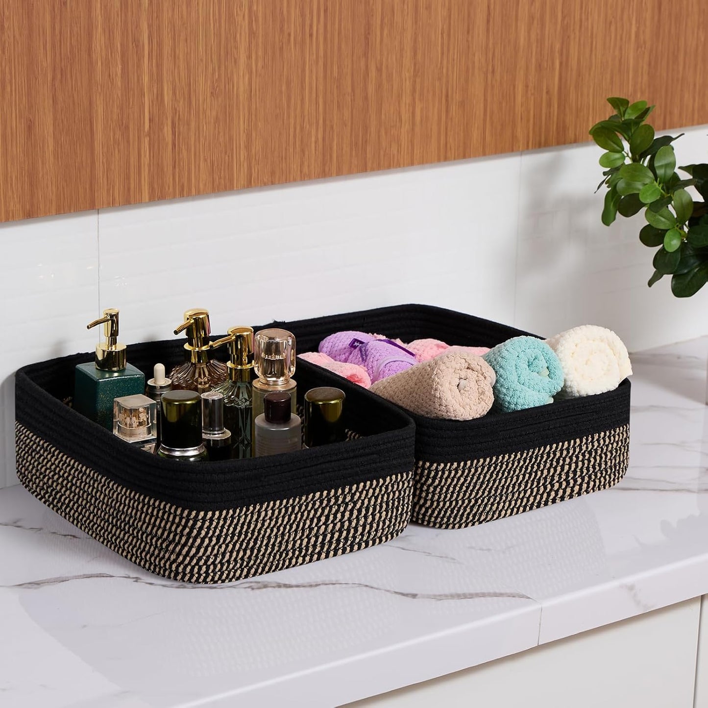 Large Shallow Organizing Baskets 15x11x5.1 Inches - Rope Woven Storage Bins for Bathroom, Shelves, Cube Closet, Black Woven Brown 2 Packs