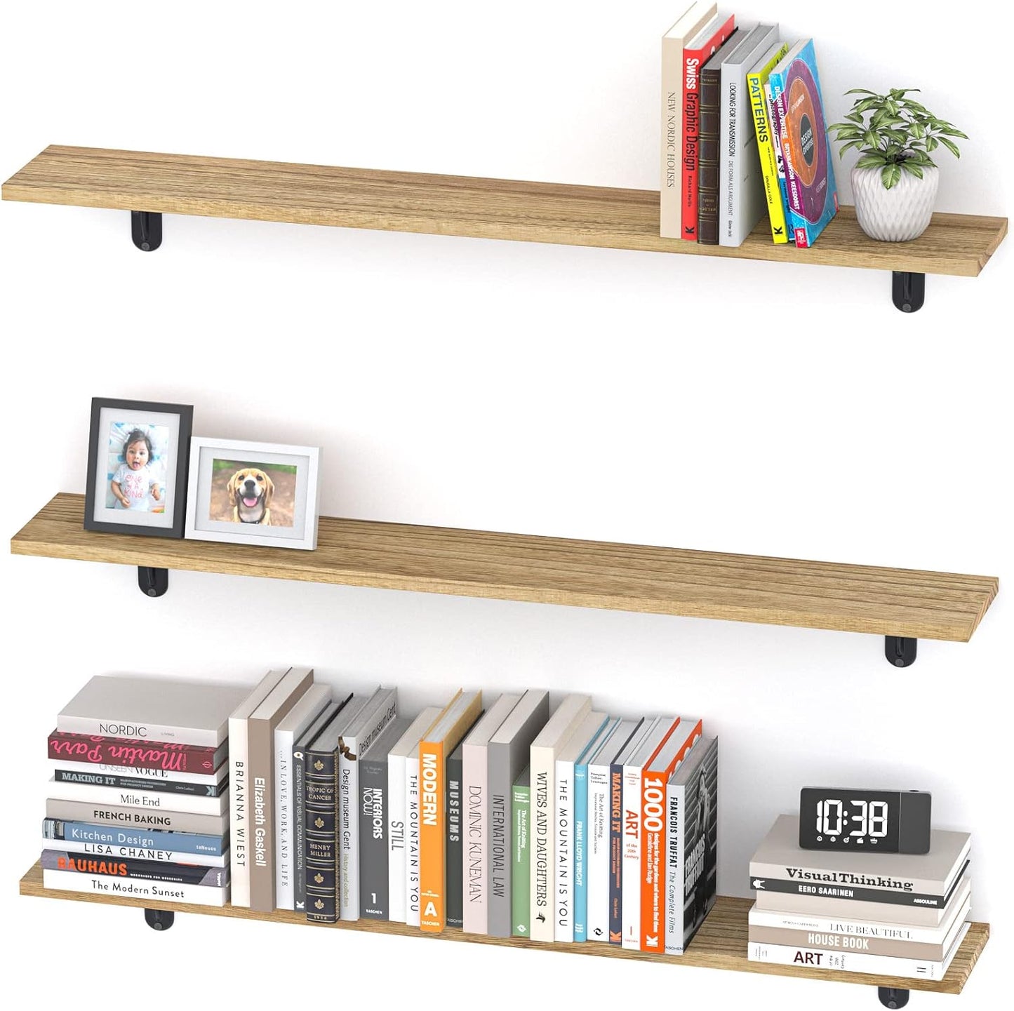 36 Inch Floating Shelves, Set of 3 Long Floating Shelves for Wall Decor, Photos & Display, Natural Wood, Rustic Style (36" x 5.5", Brown)