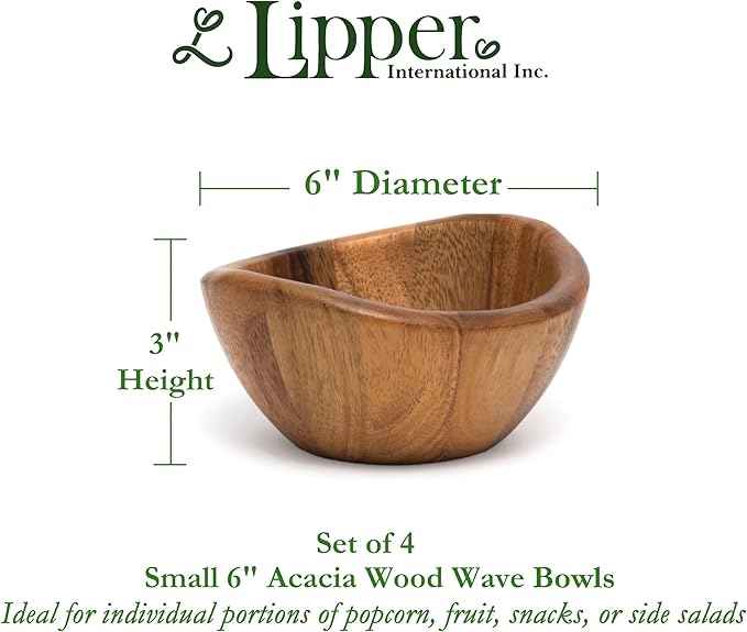 Lipper International Acacia Wave Serving Bowl for Fruits or Salads, Small, 6" Diameter x 3" Height, Set of 4 Bowls