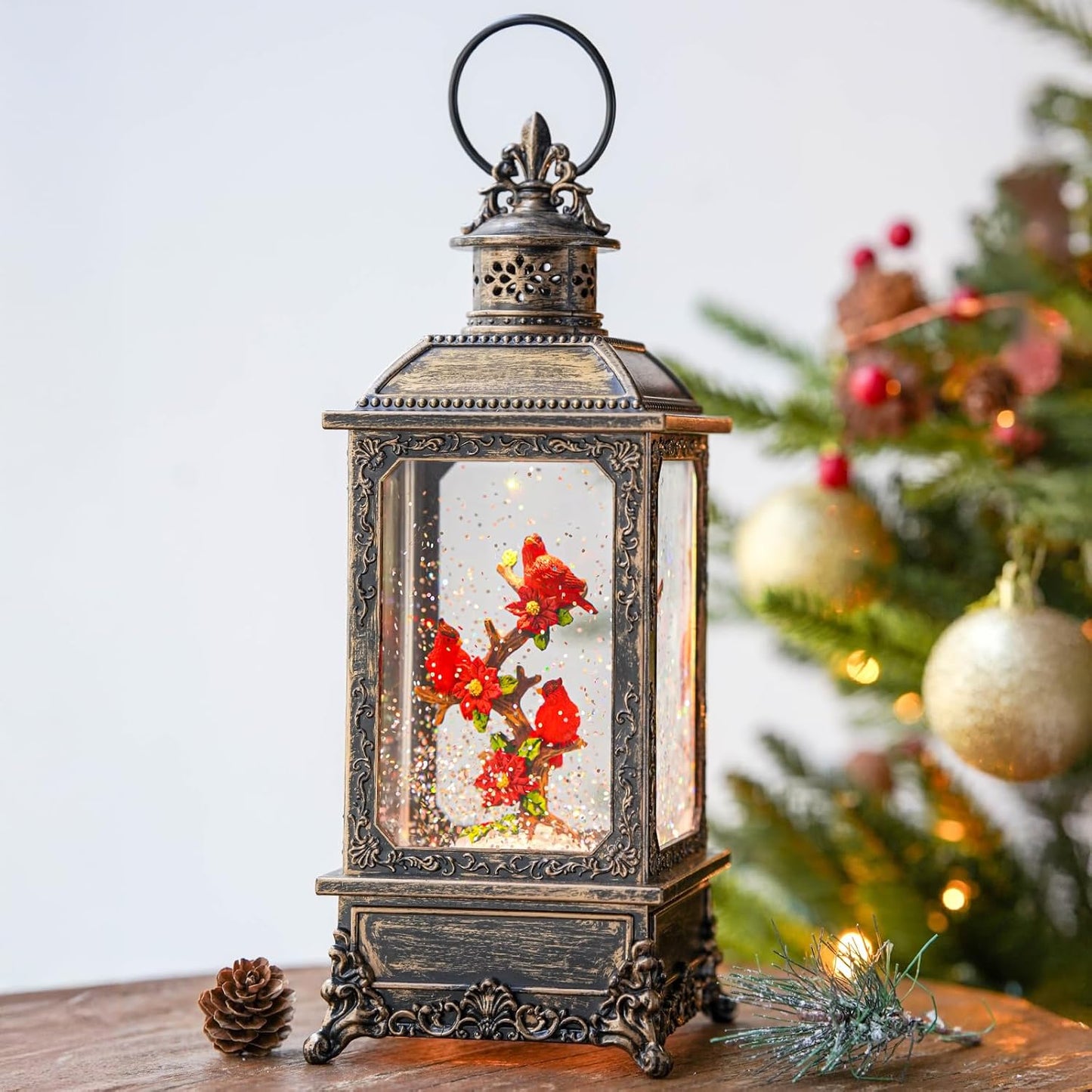 Christmas Snow Globe Water Glittering Cardinal Lantern with Music & Timer, USB Lined/Battery Operated Lighted Lantern for Christmas Festival Decoration Gifts
