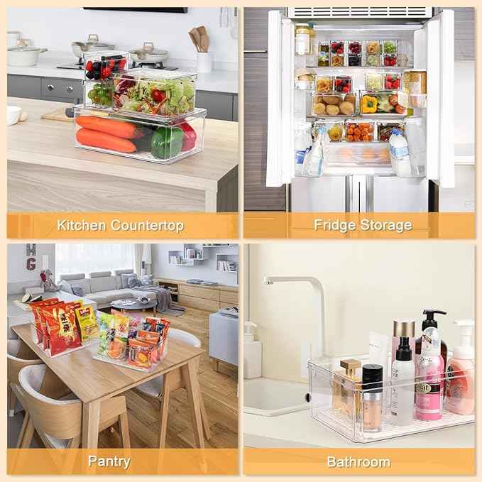 14 Pack Fridge Organizer, Stackable Refrigerator Organizer Bins with Lids PBA-Free, Clear Fridge Organizers and Storage for Kitchen, Countertops, Cabinets, Fridge, Drinks, Fruits, Vegetable, Cereals