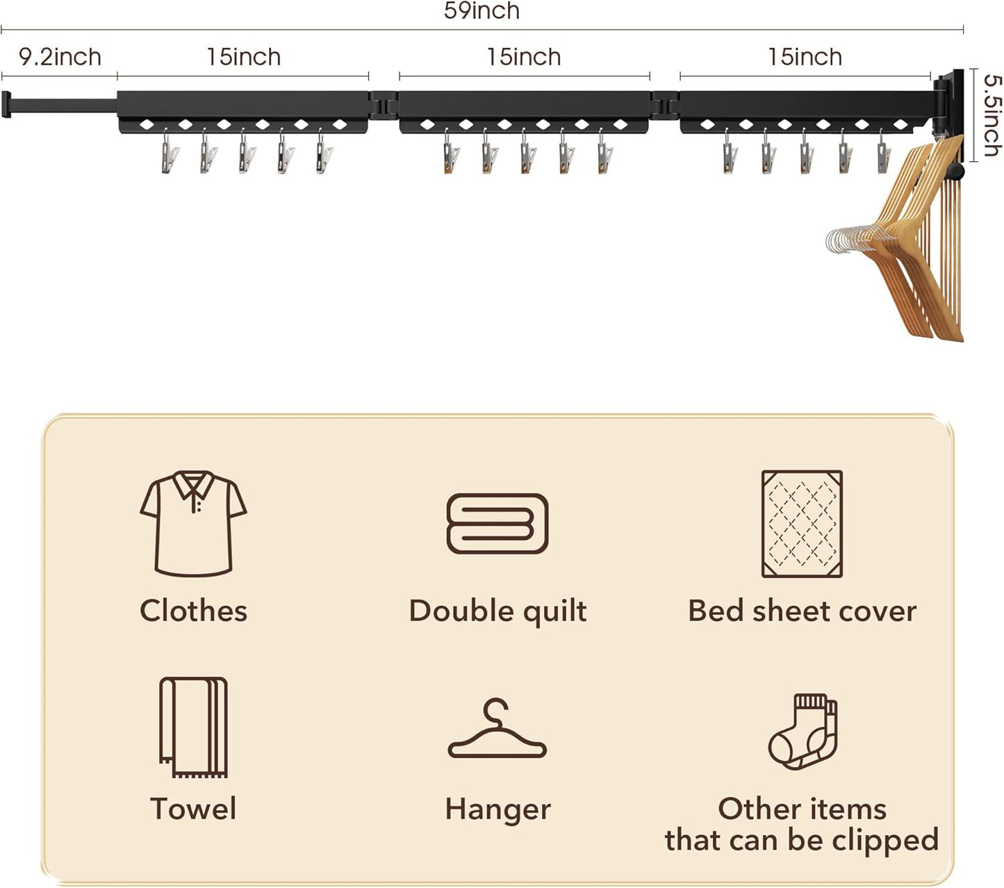 Wall Mounted Clothes Hanger, Aluminum Clothes Drying Rack, Space Saver, Retractable, Windproof Holes, with Clips