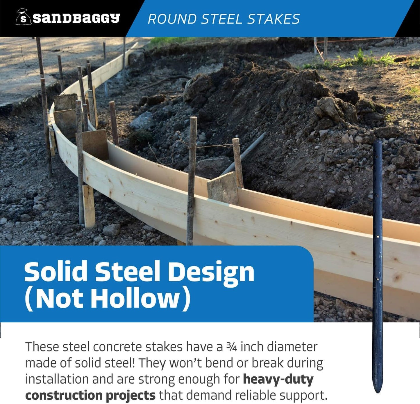 Sandbaggy Round Steel Concrete Form Stakes with Nail Holes - Rust Resistant Coating - Removable, Reusable (1000, 3/4 in X 18 in)