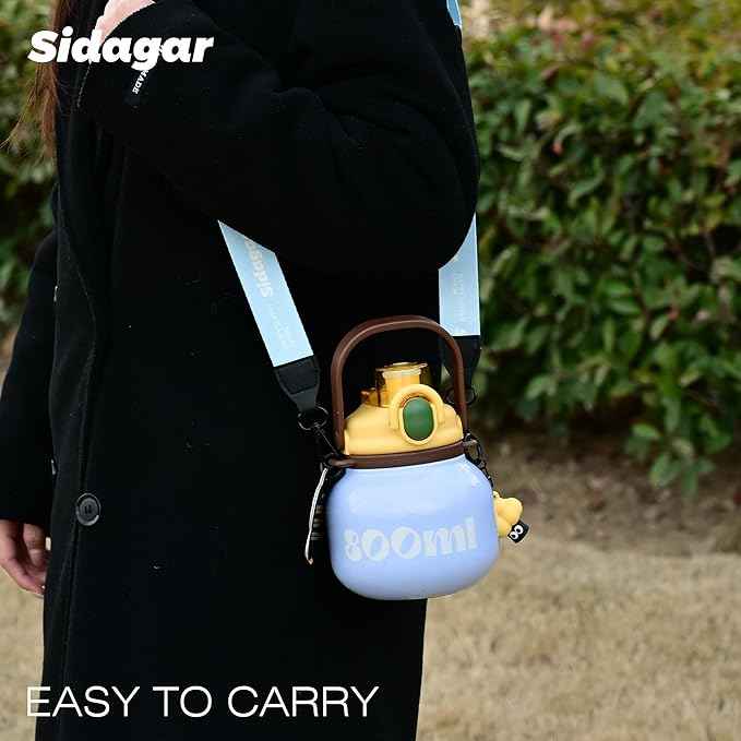 27 oz Aesthetic Water Bottle with Straw and Carry Handle, Chunky Wide Mouth Vacuum Insulated Stainless Steel Flask Taza Easy Carry, Trendy Portable Tumbler Termo for School, Gym, Travel, Blue