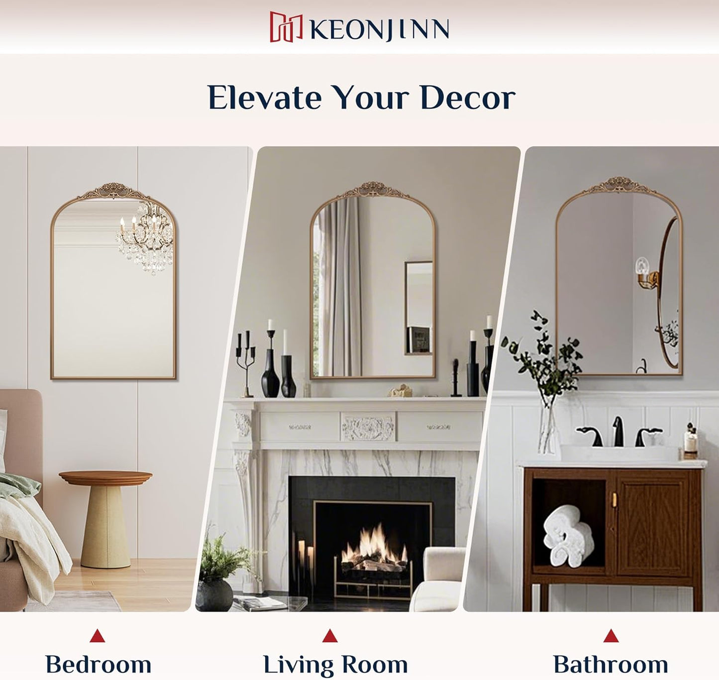 Keonjinn Gold Vintage Mirror for Wall, 36" x 30" Antique Arched Mirrors with Metal Frame, Baroque Style Decoration for Mantle, Bathroom, Living Room, Fireplace, Bedroom, French Cleat Mounting