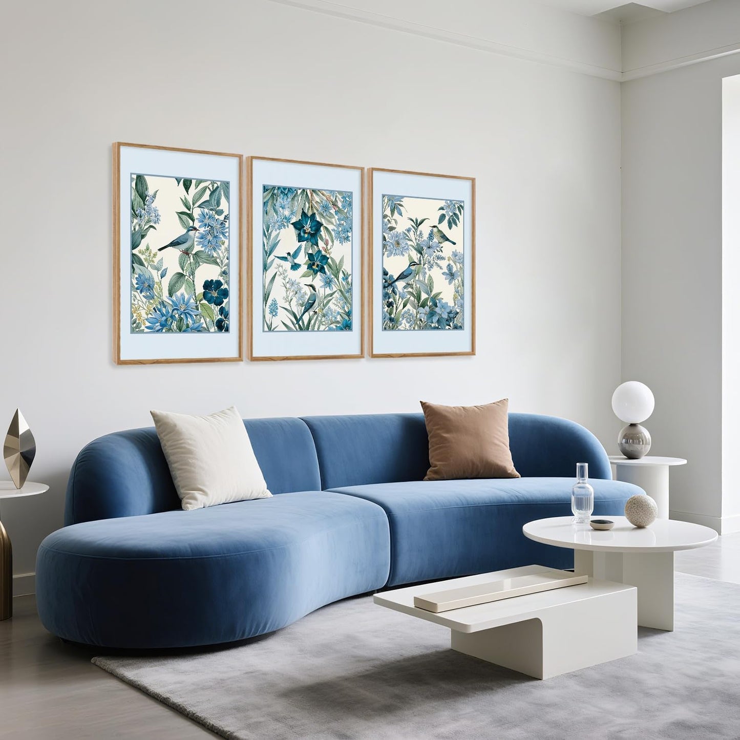 Aurlan Vintage Blue Birds and Botanical Framed Wall Art(24"x36"), 3PCS Classic Chinoiserie Audubon Bird Canvas Artwork, Large Abstract Watercolor Flowers Floral Home Decor for Bedroom Living Room