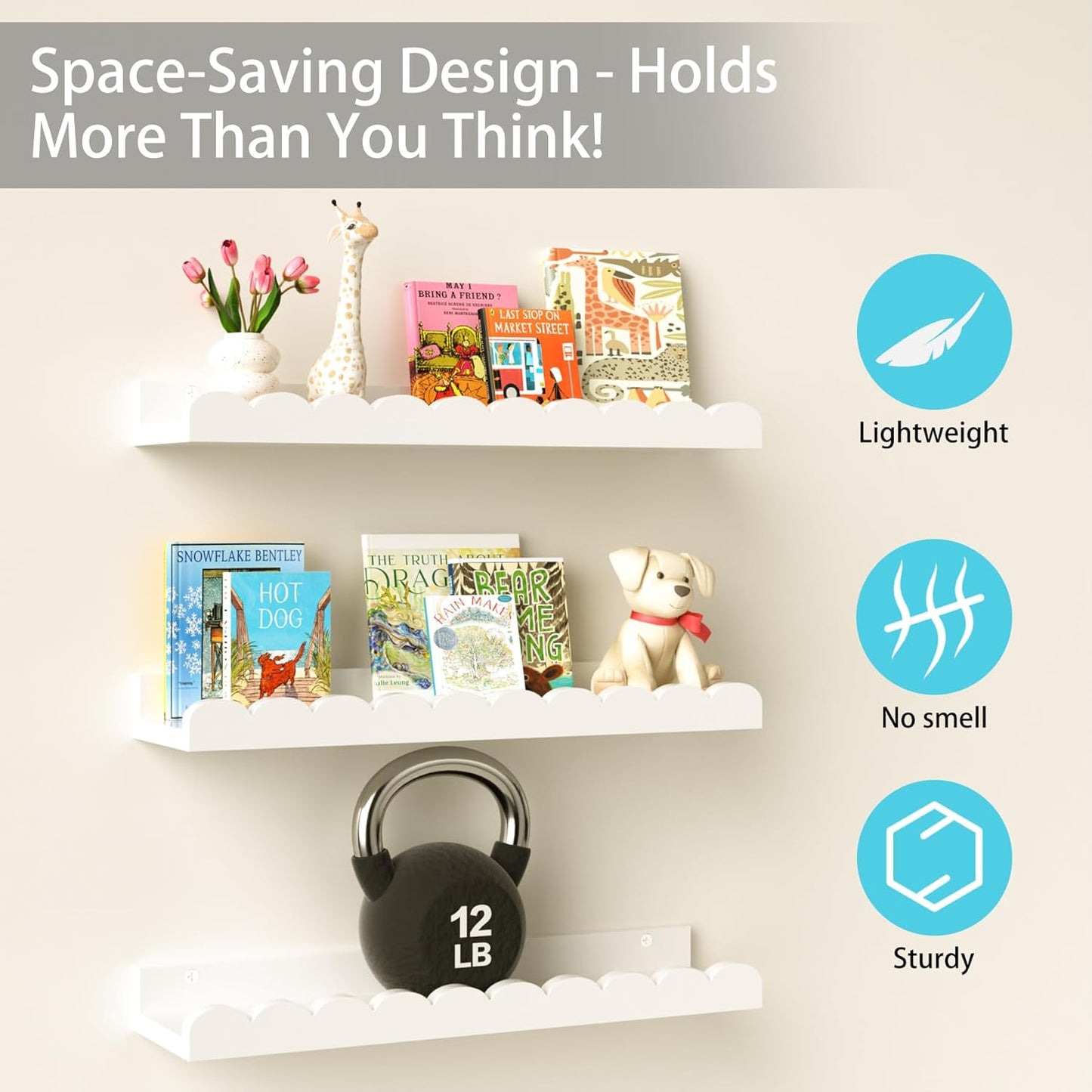 Nursery Book Shelves for Wall - Floating Kids Bookshelf for Bedroom, Nursery and Playroom - Wall Mounted, Space Saving, Easy to Install, Holds Multiple Books - Ideal for Children’s Room Storage