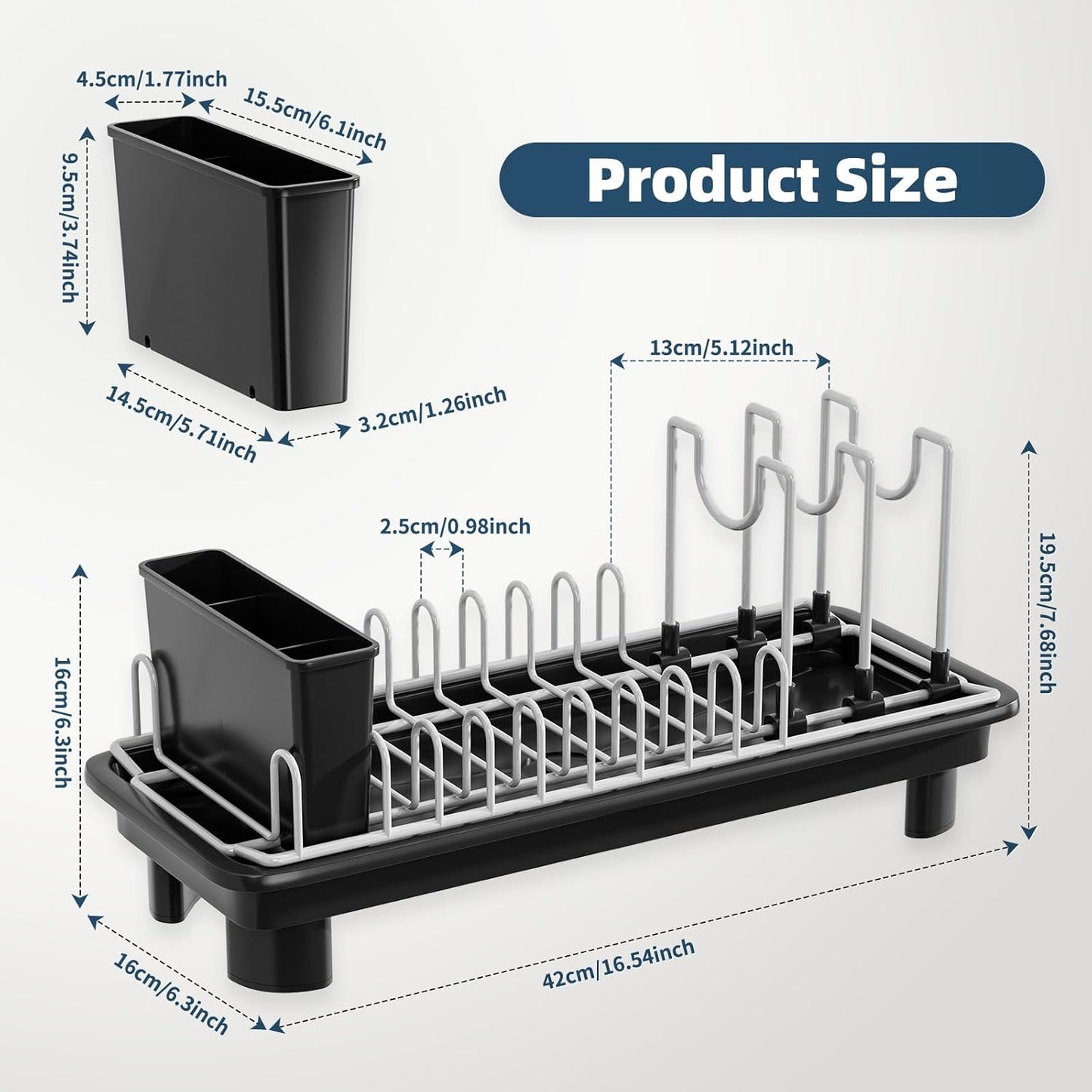 SanDream Small Dish Drying Rack with Removable Utensil Holder & Anti-Scratch Base - Stainless Steel Dish Rack, Dish Drying Rack with Drainage & Space Saving Design for Kitchen Counter, Black