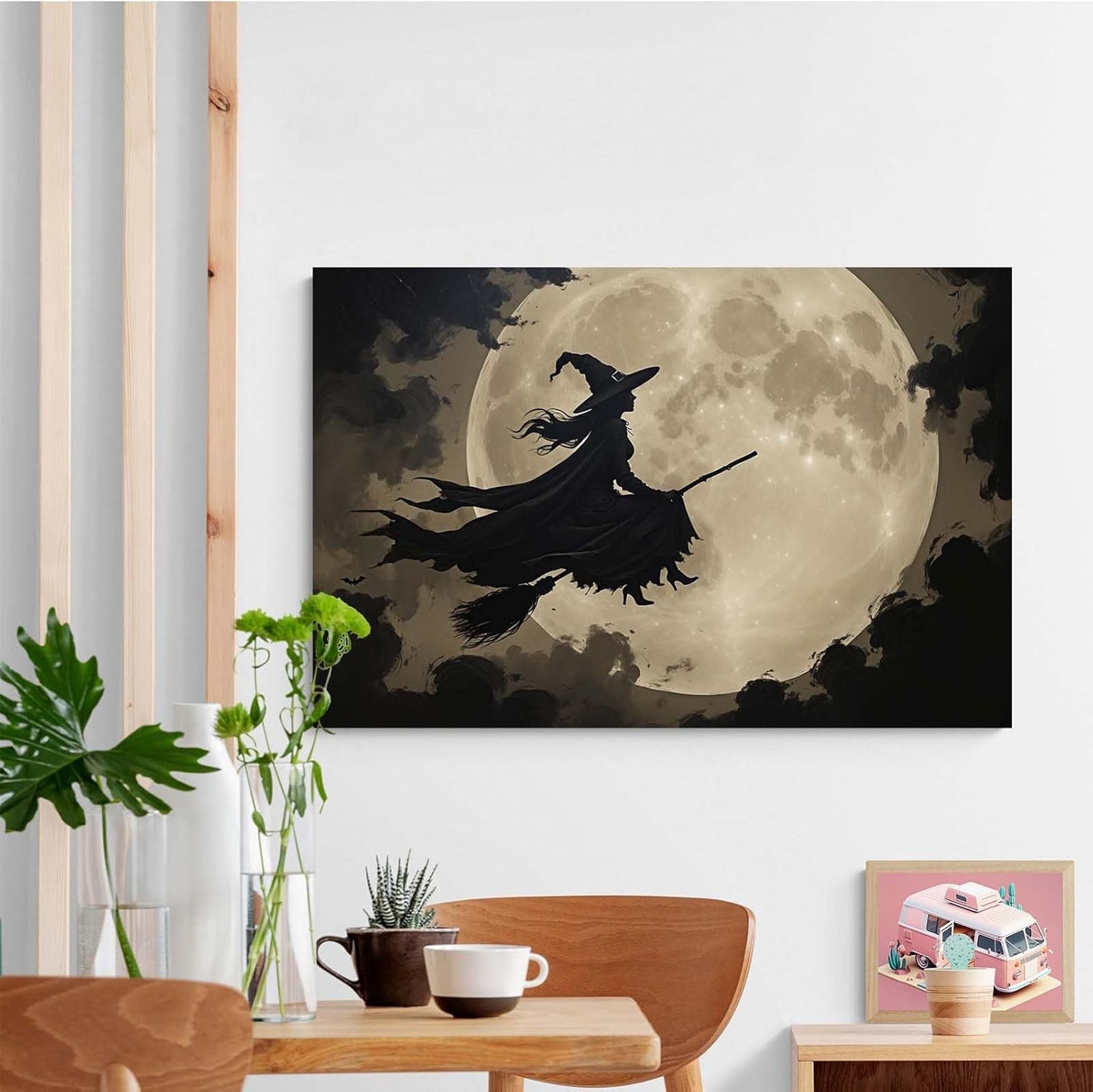 JFHCQJPK Full moon witch silhouette poster witch on magic broom Halloween mural poster decorative mural art suitable for home living room bedroom24x36in Frameless