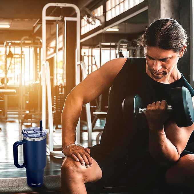 COKTIK 40 oz Tumbler With Handle and Straw, Insulated Tumbler With Leakproof Lids, Stainless Steel|BPA-Free, Cold for 24 H (Navy)