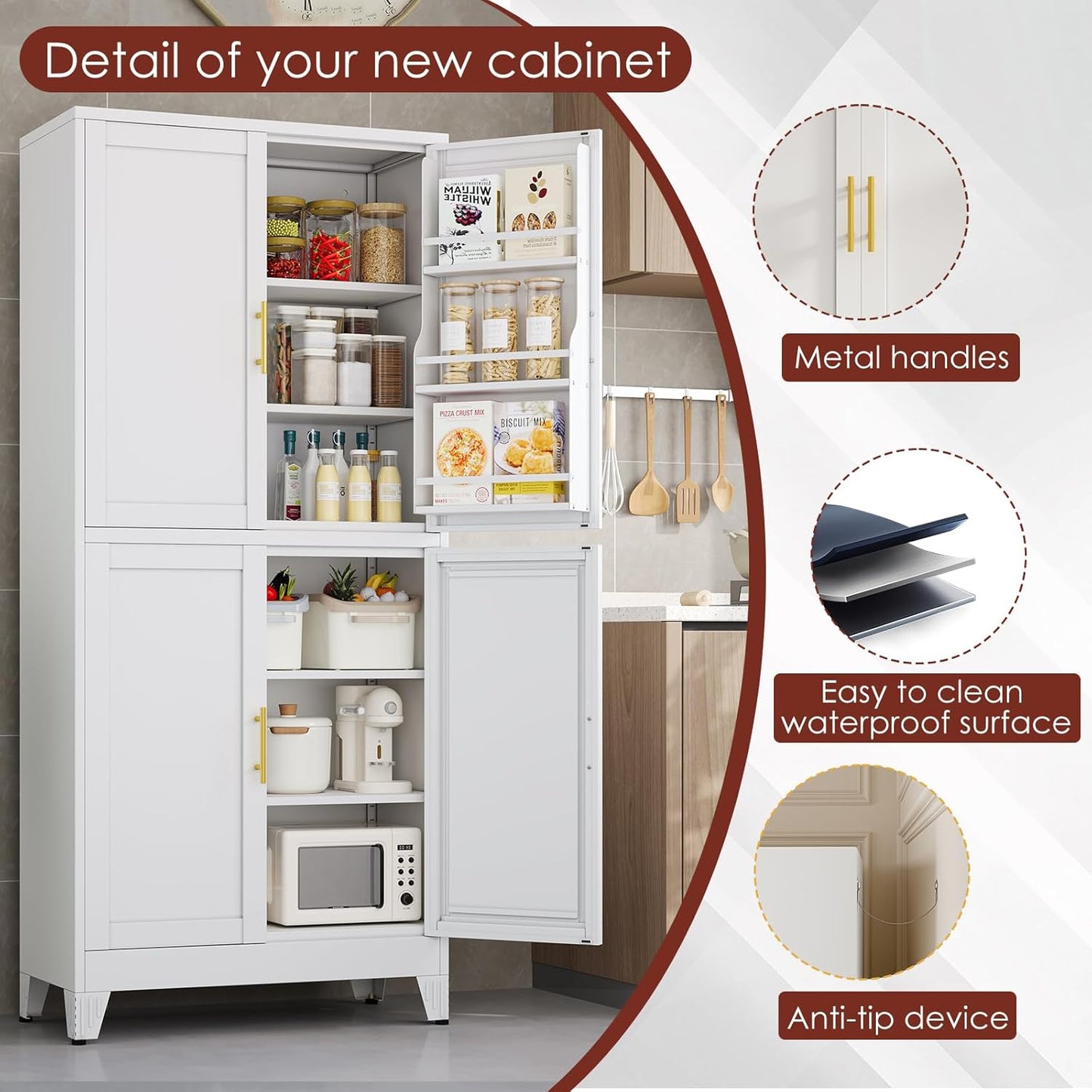 75" H Metal Storage Cabinet, Pantry with 6 Door Shelves and 4 Adjustable Shelves, Leveling Foot for Kitchen, Living Room and Dinning Room, White - Lumora Casa