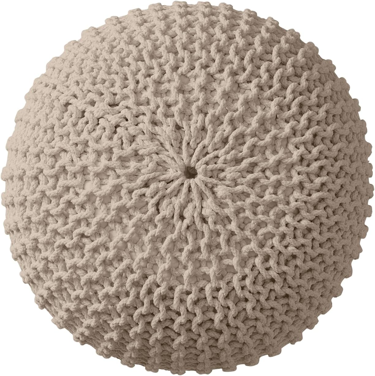 Ornavo Home Pouf Ottoman Foot Rest - 100% Cotton Pouffe - Hand Knitted Cable Braid Cord - Boho Round Stuffed Ottoman for Living Room, Bedroom - Beige