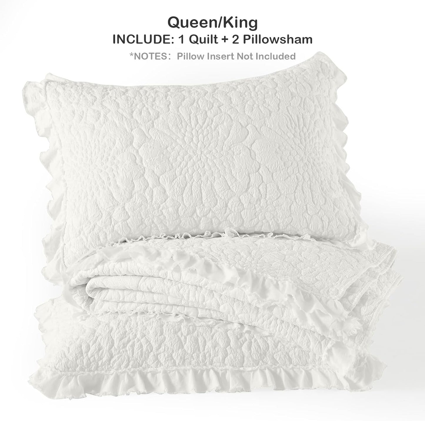 HORIMOTE HOME Cream White Ruffled Quilt King Size, Stone-Washed Microfiber Lightweight Crinkled Farmhouse Shabby Chic Bedding Set, 3 Pieces Reversible Bedspread with Pillow Shams for All Season