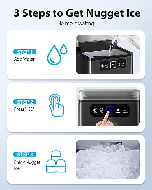 Aeitto Nugget Ice Maker Countertop, Pellet Ice Machine Soft Chewable Ice 40lbs/Day, One-Click Operation, Auto Self-Cleaning Crushed Ice Makers Stainless with Scoop for Home/Kitchen/Office (Black)