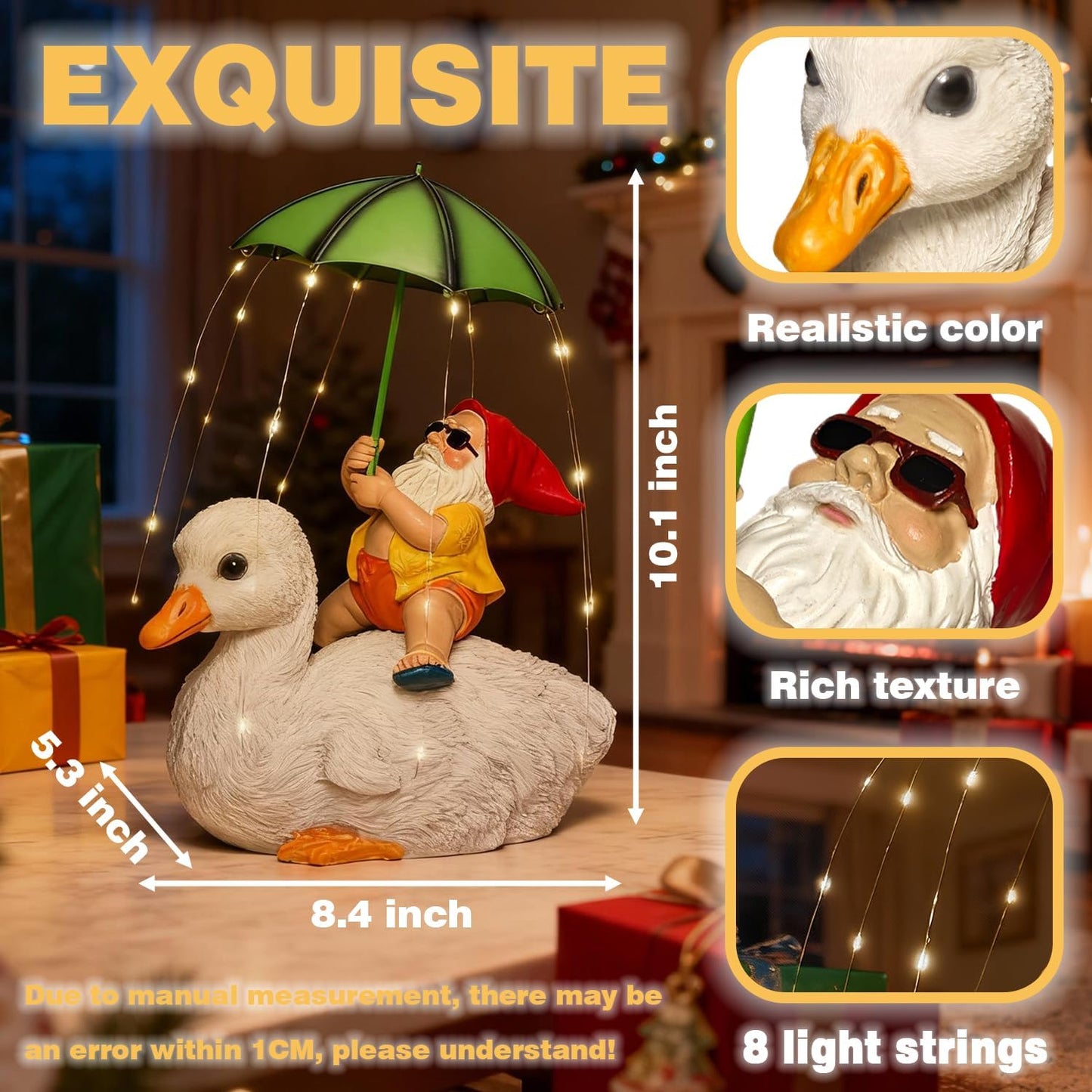 Solar Funny Garden Gnome Duck Figurine LED Lights Decorations for Yard Sculpture Outdoor Statue