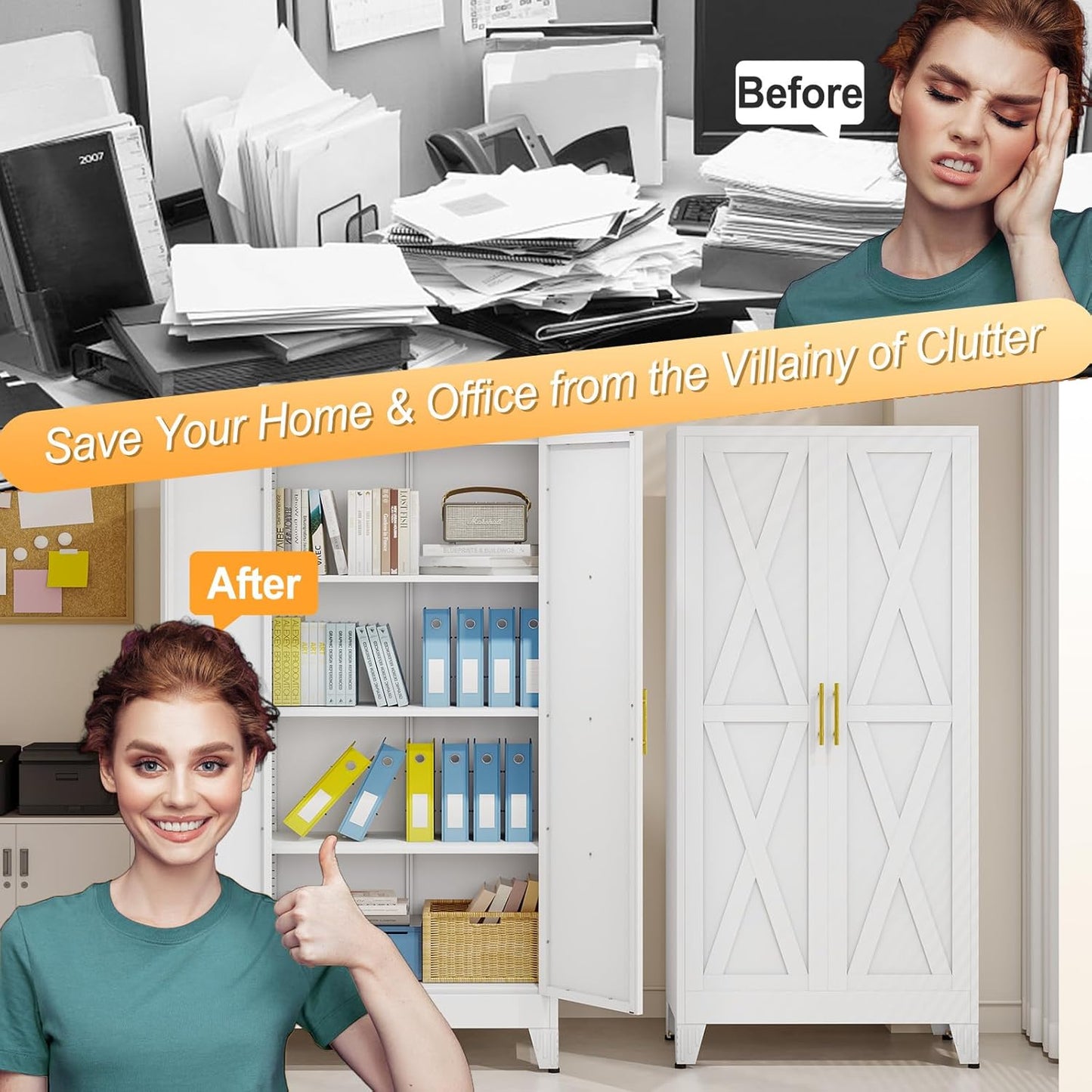 61" H Metal Kitchen Pantry Storage Cabinet, Freestanding Cupboard with 2 Doors and 3 Adjustable Shelves, Standing Storage for Kitchen, Bathroom, Garage, Dinning Room or Utility Room(White) - Lumora Casa