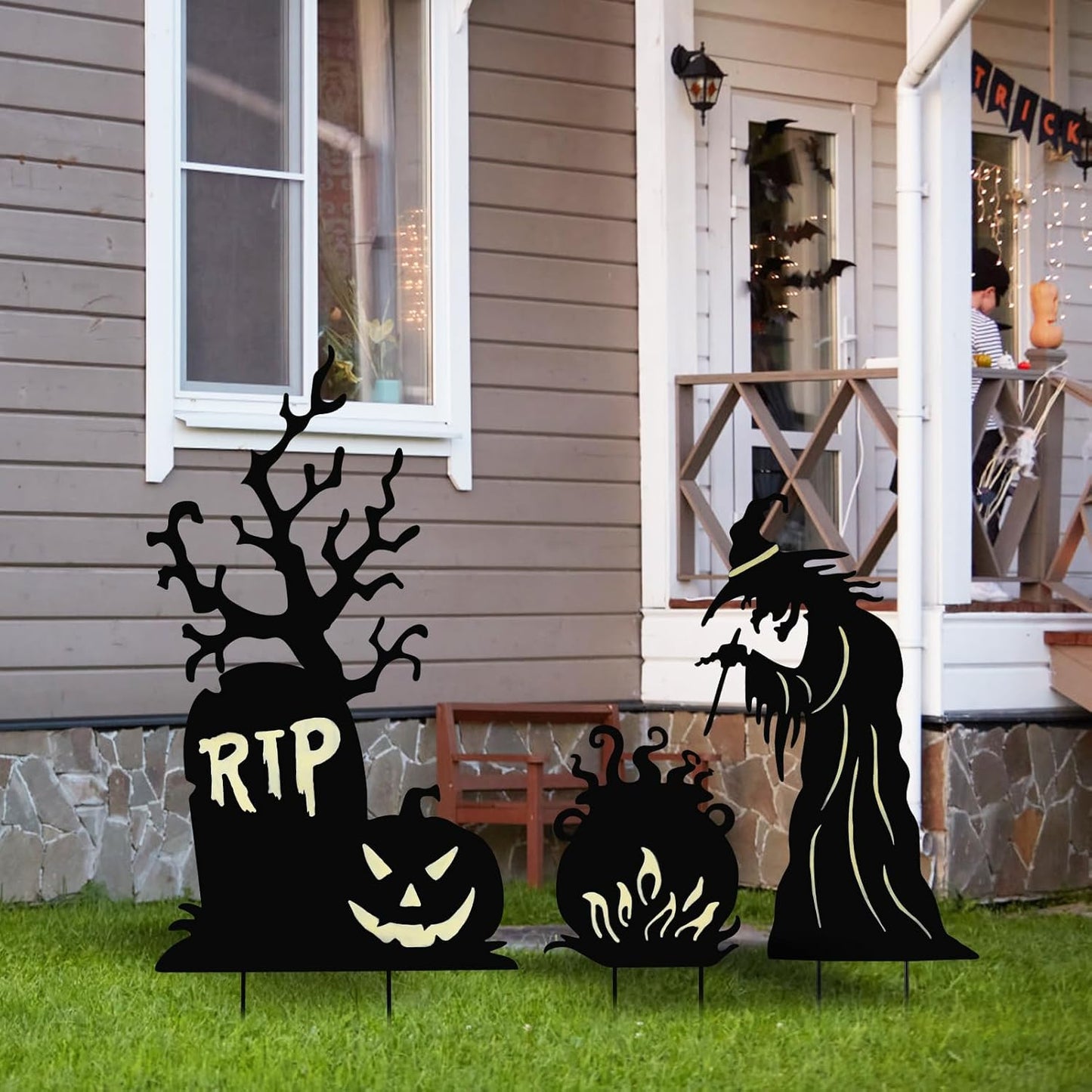 Halloween Yard Signs Outdoor Decorations,3 Pack Scary Large Witch Tombstone Cauldron Fluorescent Metal Stakes Glow in The Dark for Lawn Garden Halloween Decor (Large Witch Tombstone Cauldron)