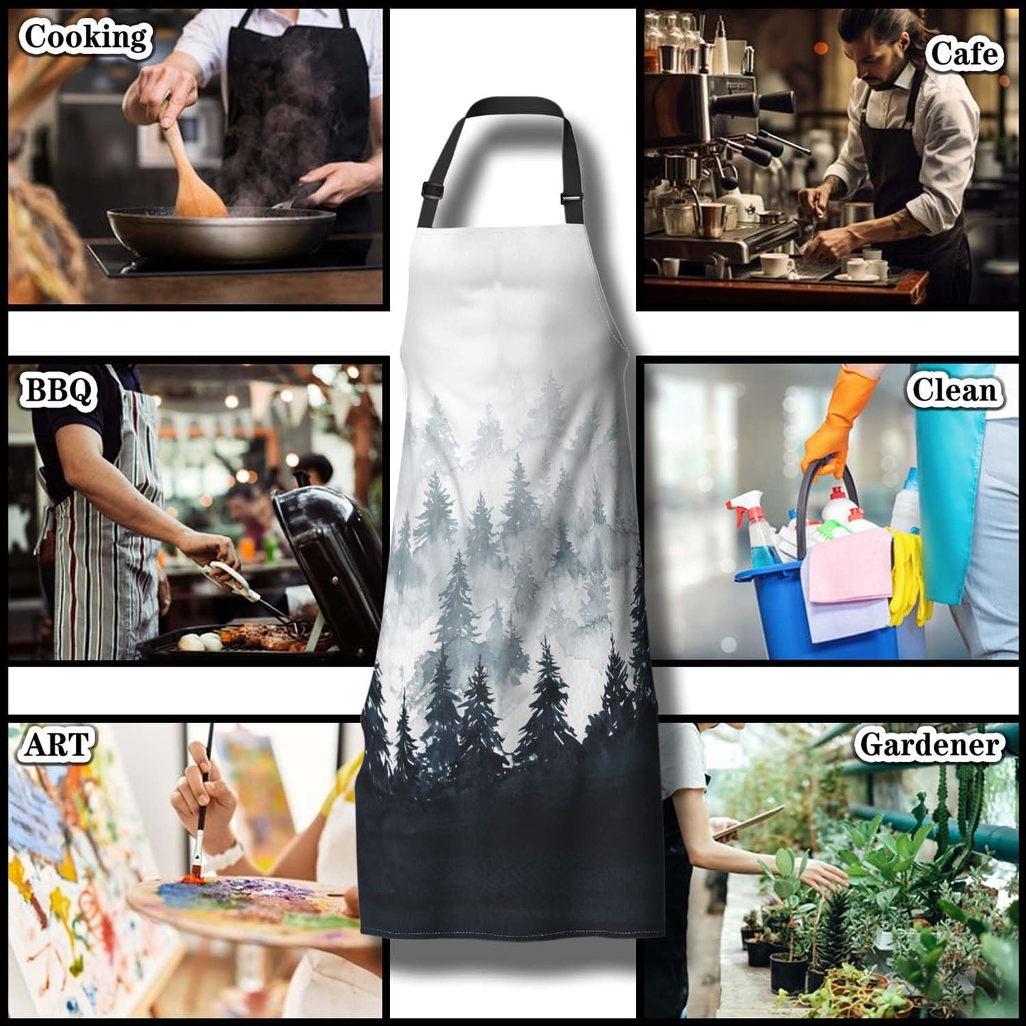 Chef Apron for Men Watercolor Mountains Landscape Trees Pinafore Aprons for Women for Kitchen Cooking Restaurant BBQ Painting Crafting 27” (W) x 31” (H), Waterproof Apron