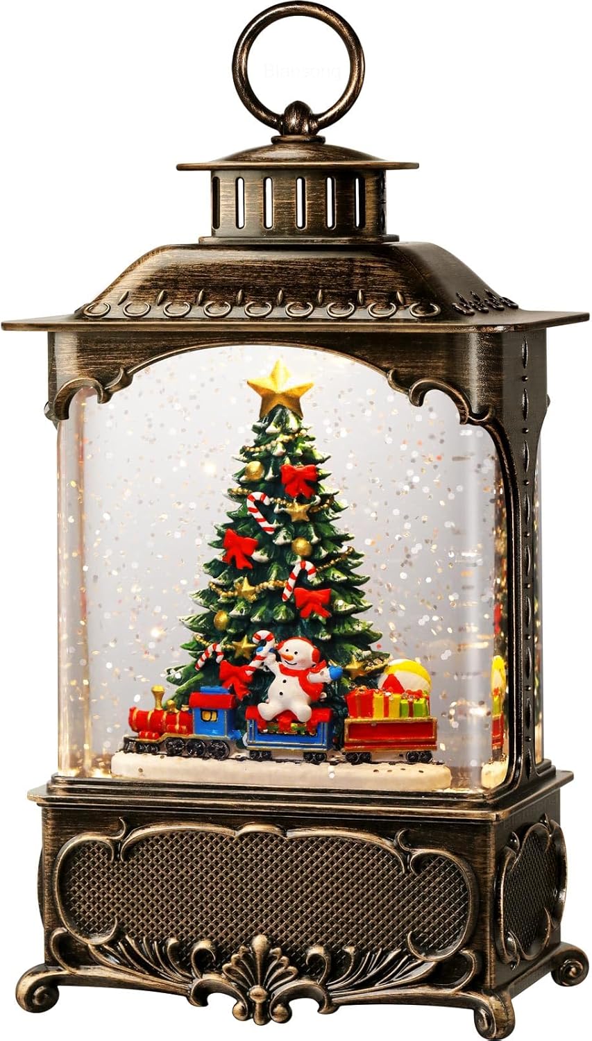 Christmas Tree Snow Globe Lantern Christmas Decorations Gifts Auto Snowfall Glitter Music Collection Snowman Train Candy Cane with 6H Timer USB/Battery Powered 10.2 inch
