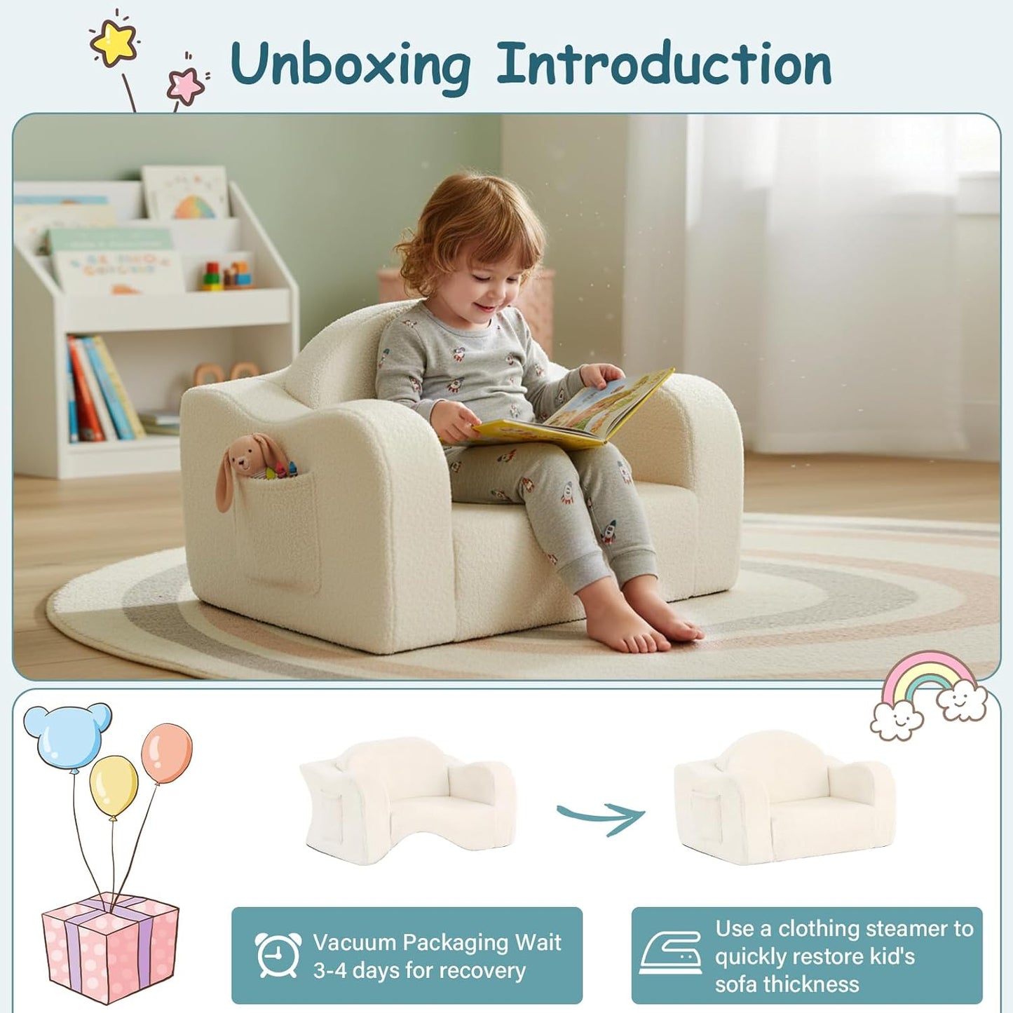 Tiita Kids Chairs for Toddler, 2-in-1 Toddler Soft Sherpa Couch Fold Out, Convertible Sofa to Lounger for Girls and Boys, Beige