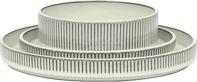 Gibson Elite 12 Piece (Service for 4) Townscape Plates and Bowls Reactive Glaze Embossed Round Dishes Terracotta Ceramic Dinnerware Set - Cream White