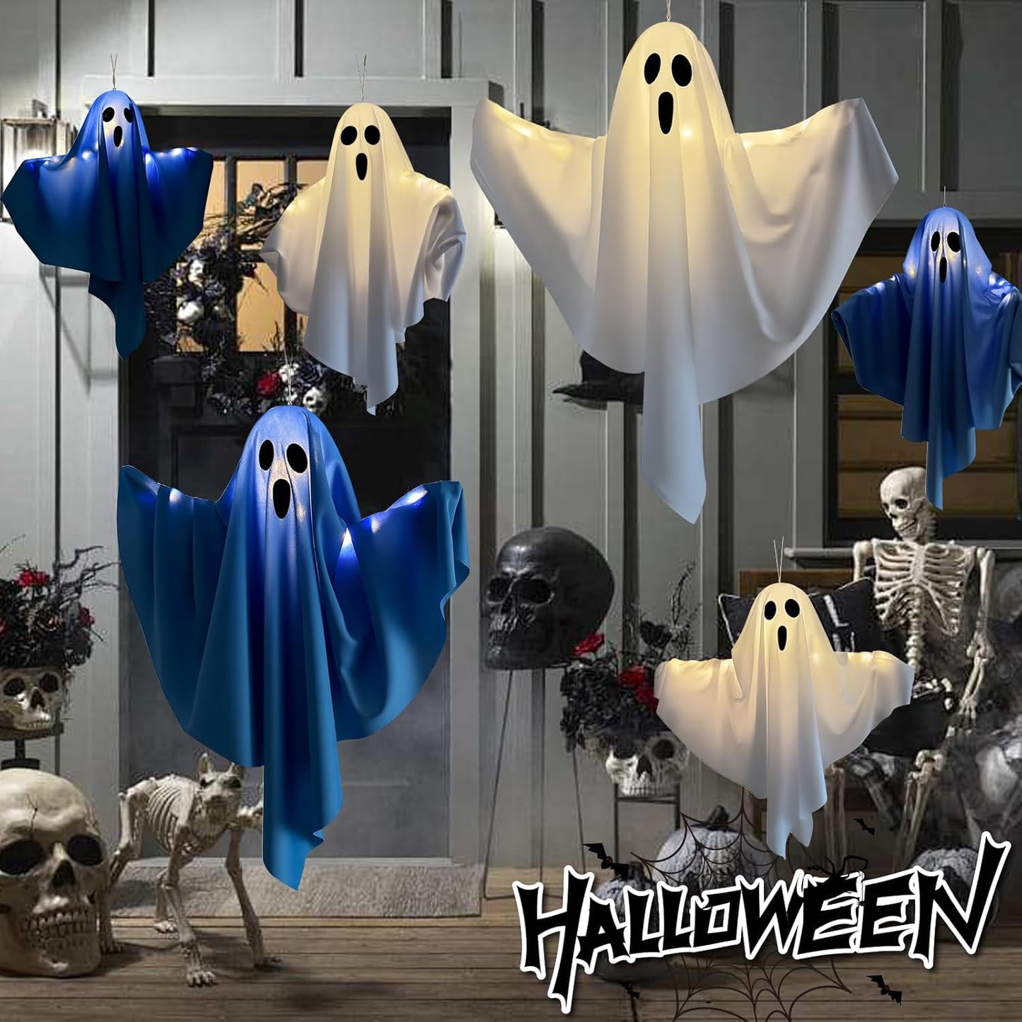 Halloween Light-up Ghost Decorations, White Hanging Flying Ghosts for Front Yard, Patio, Lawn, Garden, Party, 22.5 Inch, 3 Pack (White)