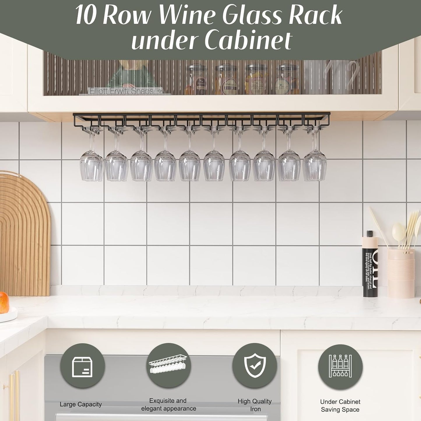 Xverycan Wine Glass Rack Under Cabinet, 10 Row Extreme Large Stemware Hanger, Metal Wine Goblet Holder, DIY Bar Glass Storage Rack for Bar Counter, Kitchen, Screws Included