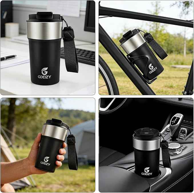 Insulated Coffee Mug, 17oz Stainless Steel Travel Mug with Flip-Top Straw Lid, Leak Proof Vacuum Insulated Tumbler, Reusable Coffee Cup for Hot & Cold Drinks, Black