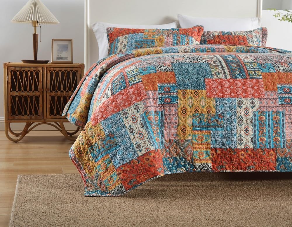 Cotton Bedspread Quilt Sets Reversible Coverlet Sets Comforters Vintage Bohemian Patchwork Bedspread,Orange,Queen Size