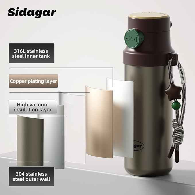 18 oz Insulated Water Bottle, Stainless Steel Travel Mug with Lid, Double Wall Vacuum Sports Water Bottle, BPA Free, Leak-Proof, Fits in Car Cup Holder, Great for Men Kid School, Brown