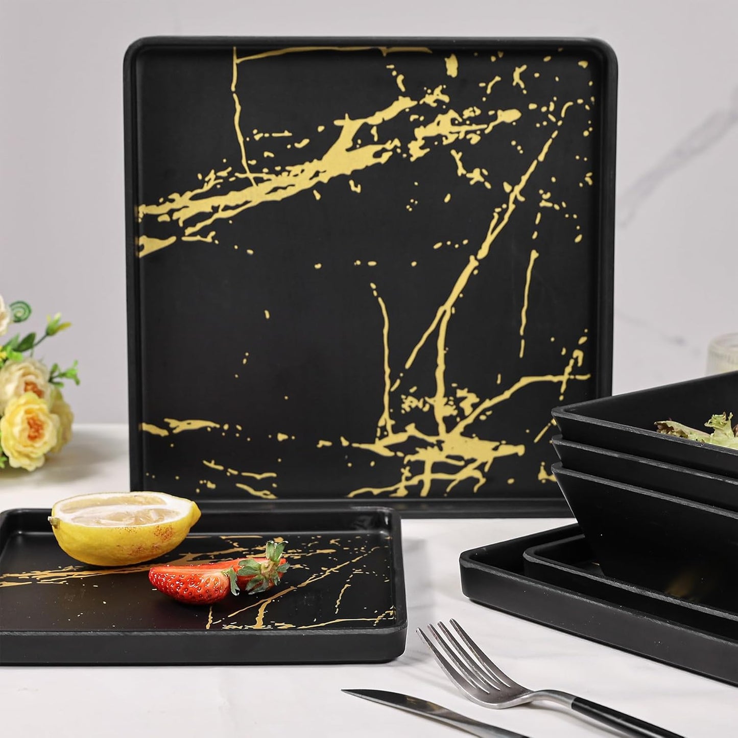 Melamine Dinnerware Sets - 12pcs Square Plates and Bowls Sets For 4, Indoor Outdoor Use, Dishwasher Safe, Black & Gold