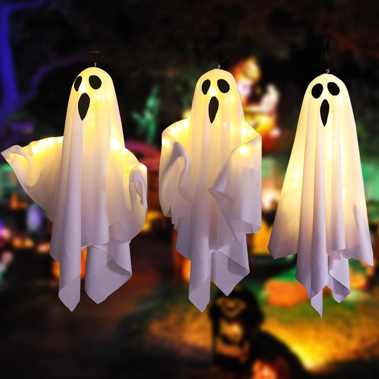 3Packs Halloween Light Up Hanging Ghost Halloween Ghost Decorations with LED Light Spooky Ghost Ornaments for Home Tree Garden Yard Party Décor and Holiday Decorations(White)