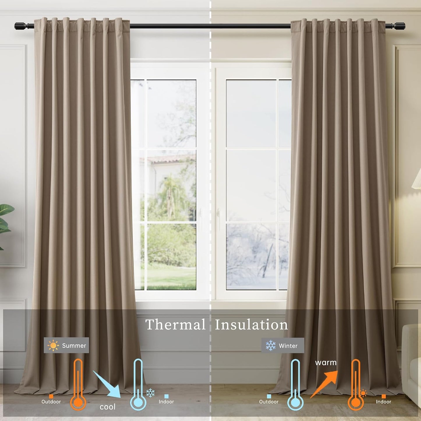 BOODII 100 Inch Blackout Curtains 2 Panels Set Back Tab Thermal Insulated Light Brown Linen Textured Black Out Curtains Noise Reducing Neutral Living Room Darkening Window Drapes Pleated Look 52x100