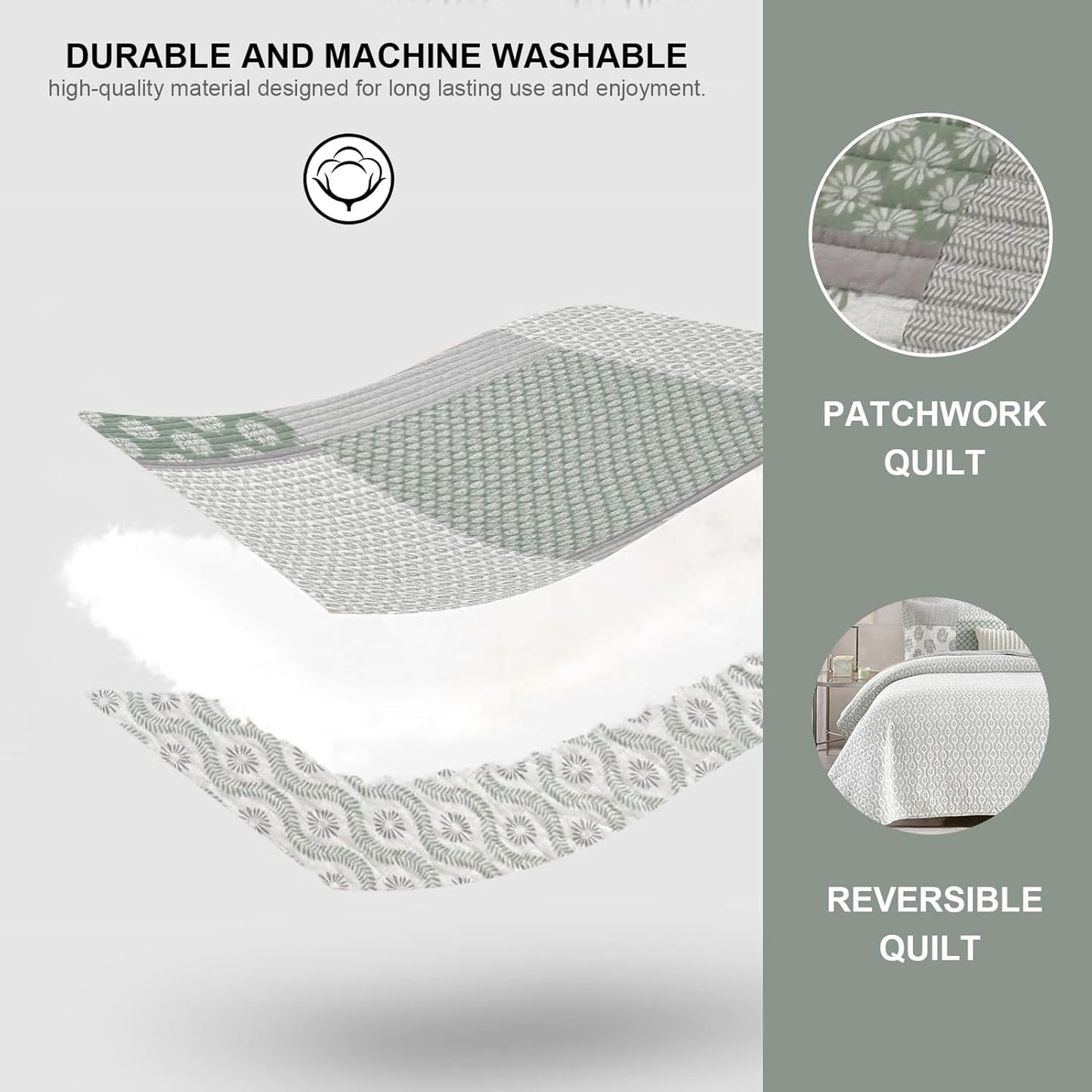 PANGUSHAN Quilt Set King Size, 100% Cotton Bedspread Quilt Bedding Set, Patchwork Reversible Floral Quilt for King Bed, Greyish-Greens Bed Spread, Lightweight Comforter for All Season, 3 Pieces