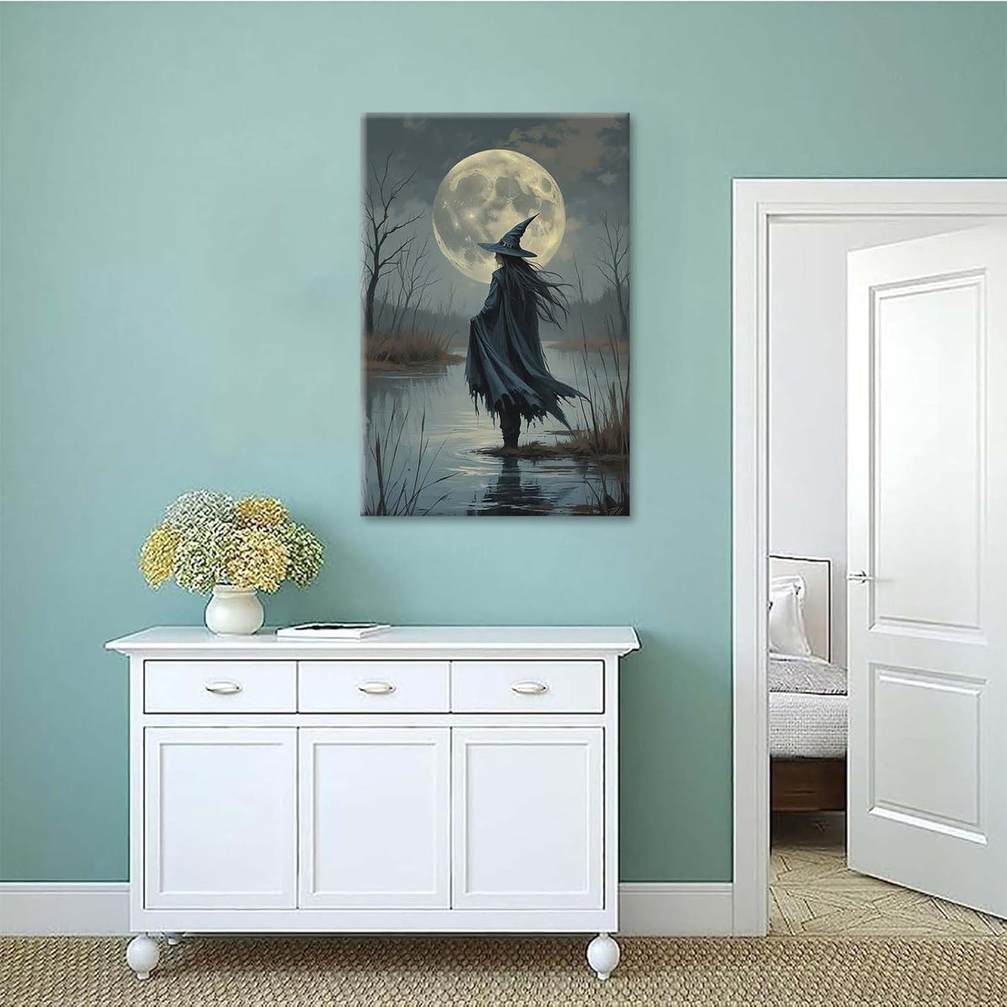 JFHCQJPK Witch in the moonlight magic canvas wall art enchanting Halloween home decor swamp witch silhouette oil painting mysterious gothic aesthetic wall decor print poster12x16in Frameless