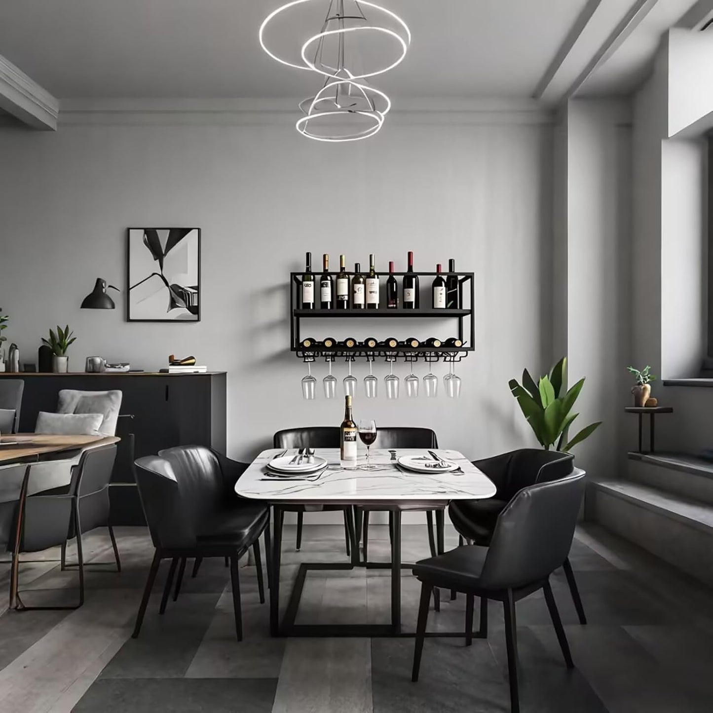Modern Wine Rack Wall Mounted with Glass Holder,Metal Liquor Shelf, Floating Bar Shelves,Liquor Bottle Display Shelf,Hanging Large Capacity Wine Storage Racks for Home Kitchen Dining Room