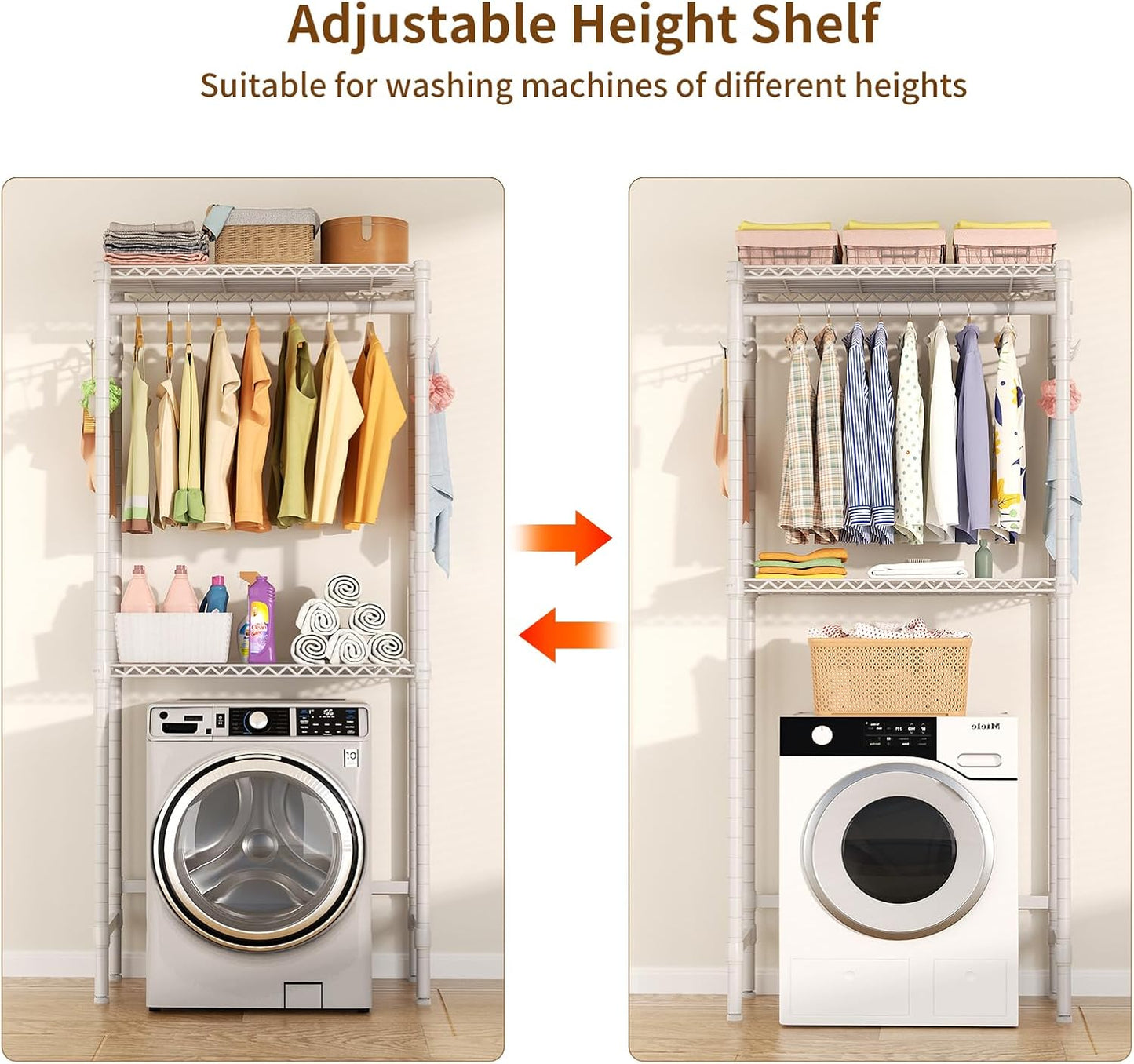Over Washer and Dryer Shelves,2 Tier Adjustable Height Wire Shelving Laundry Room Storage Organization Clothes Drying Rack with Hanger Rod&Hooks,Space Saving Organizers Shelf,White - Lumora Casa
