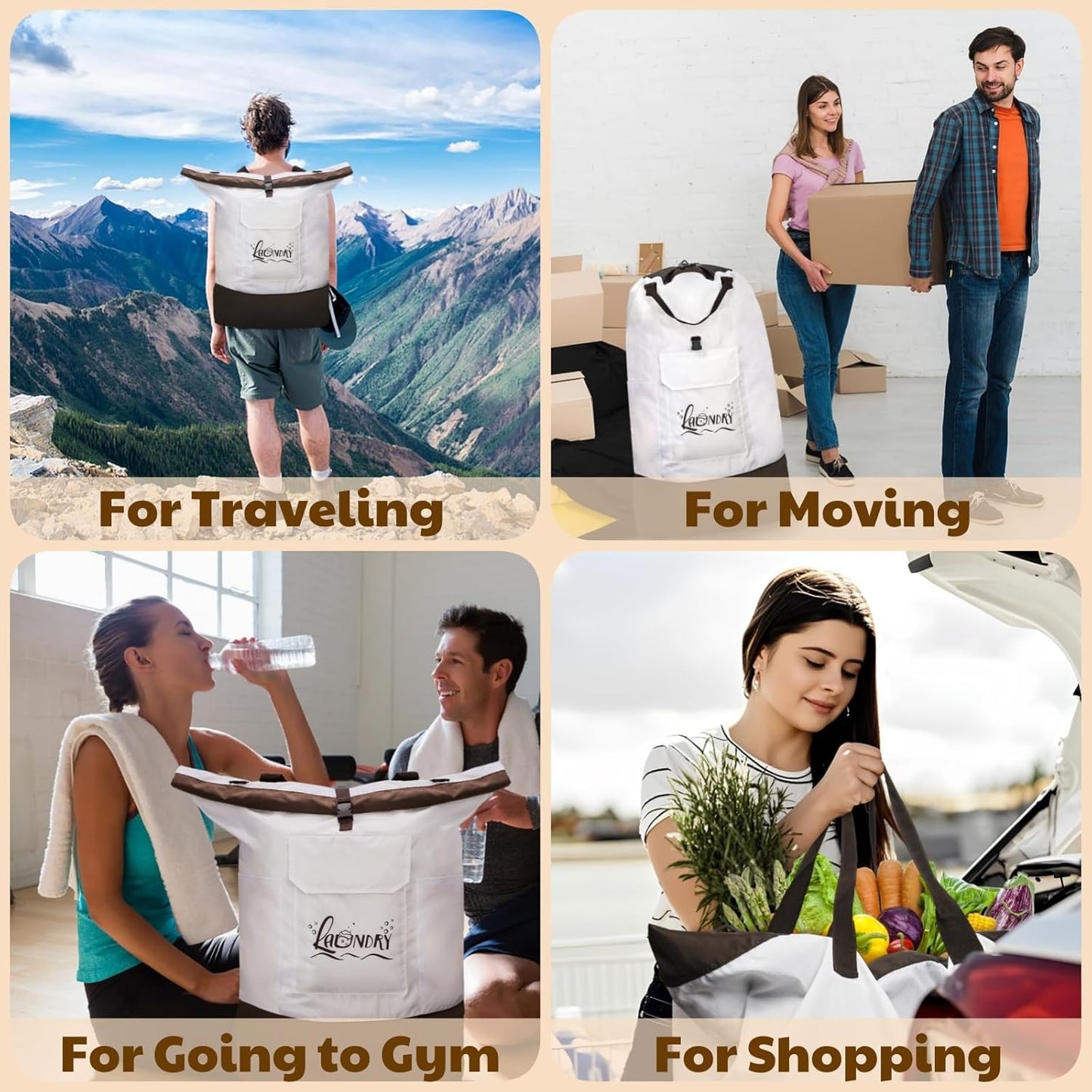 Backpack Laundry Bag, 125L Extra Large College Laundry Backpack with Shoulder Straps, Heavy Duty Dirty Clothes Hamper Bag, Drawstring Travel Laundry Bag for Dorm Apartment Laundromats, White