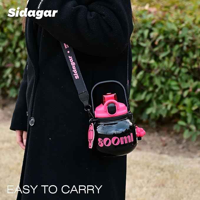 27 oz Water Bottle with Straw and Carry Handle, Black Wide Mouth Vacuum Insulated Stainless Steel Bottles Easy Carry Tumbler for Women