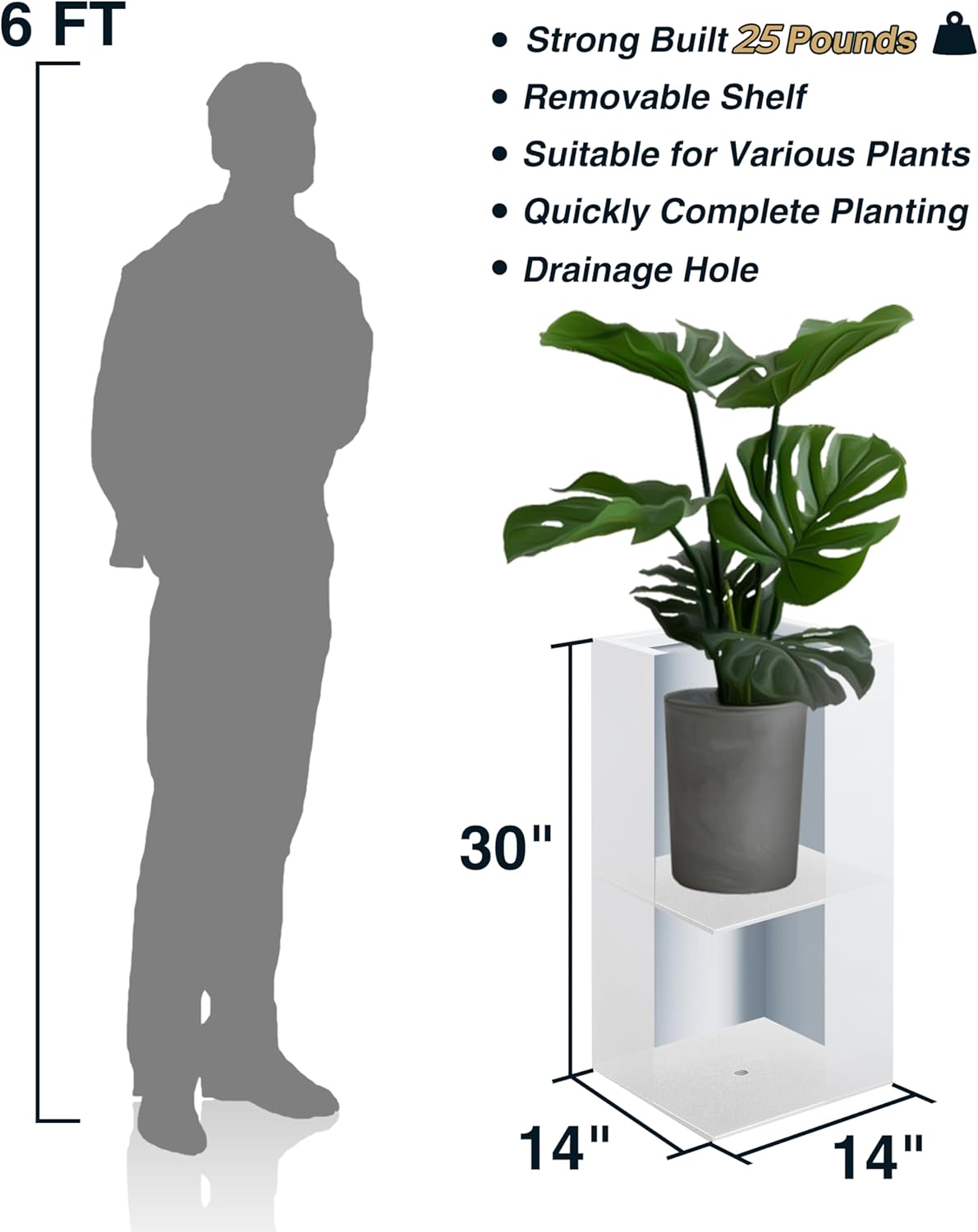 Metallic Heavy Tall Outdoor/Indoor Planter Box, Seamless Metal Planter, Rectangular, 14”Lx14”Wx30”H, 25 Pounds Each, Pure White, No Assembly and Seamless, Set of 2