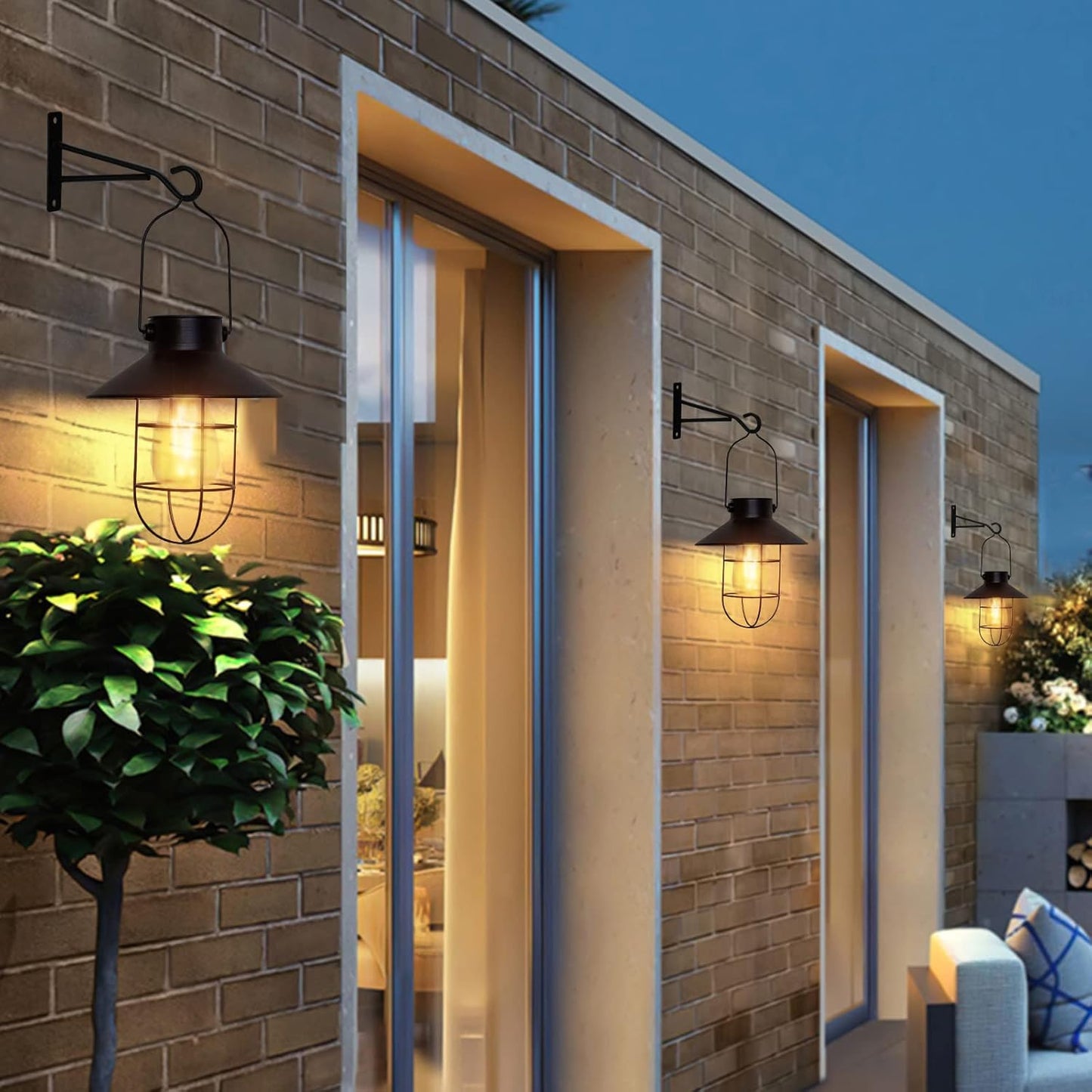 pearlstar Solar Lanterns Outdoor Metal Solar Powered Hanging Lights Waterproof for Wall Yard Garden Patio Garage Balcony Porch Fence Decor, Warm White Edison Bulb,with Wall Mount Kit(Black-1pack)