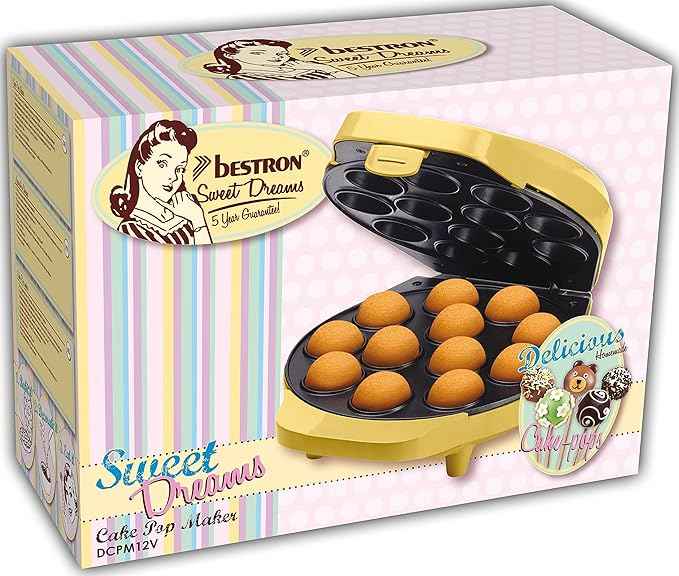 Bestron Cake Pop Maker, Waffle Maker for 12 Cake Pops, Including Cake Pop Butler, 12 Sticks & Fork, with Non-Stick Coating & Indicator Light, 700W, Colour: Yellow