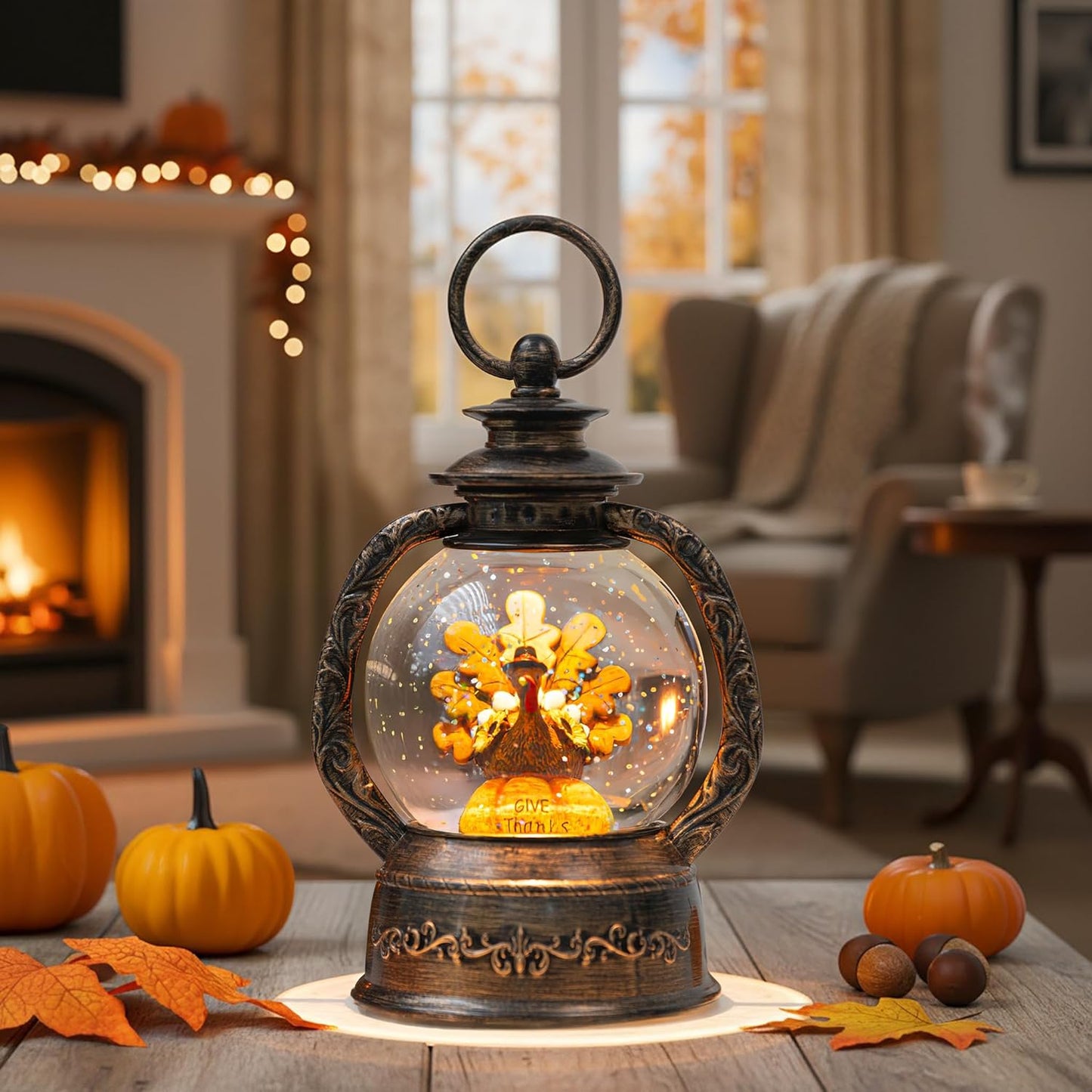 Fall Snow Globe Lantern - Thanksgiving Glittering Lighted Water Lantern, Fall Decorations Autumn Harvest Day Gifts, Home Halloween Christmas Decor (Turkey in Pumpkin)
