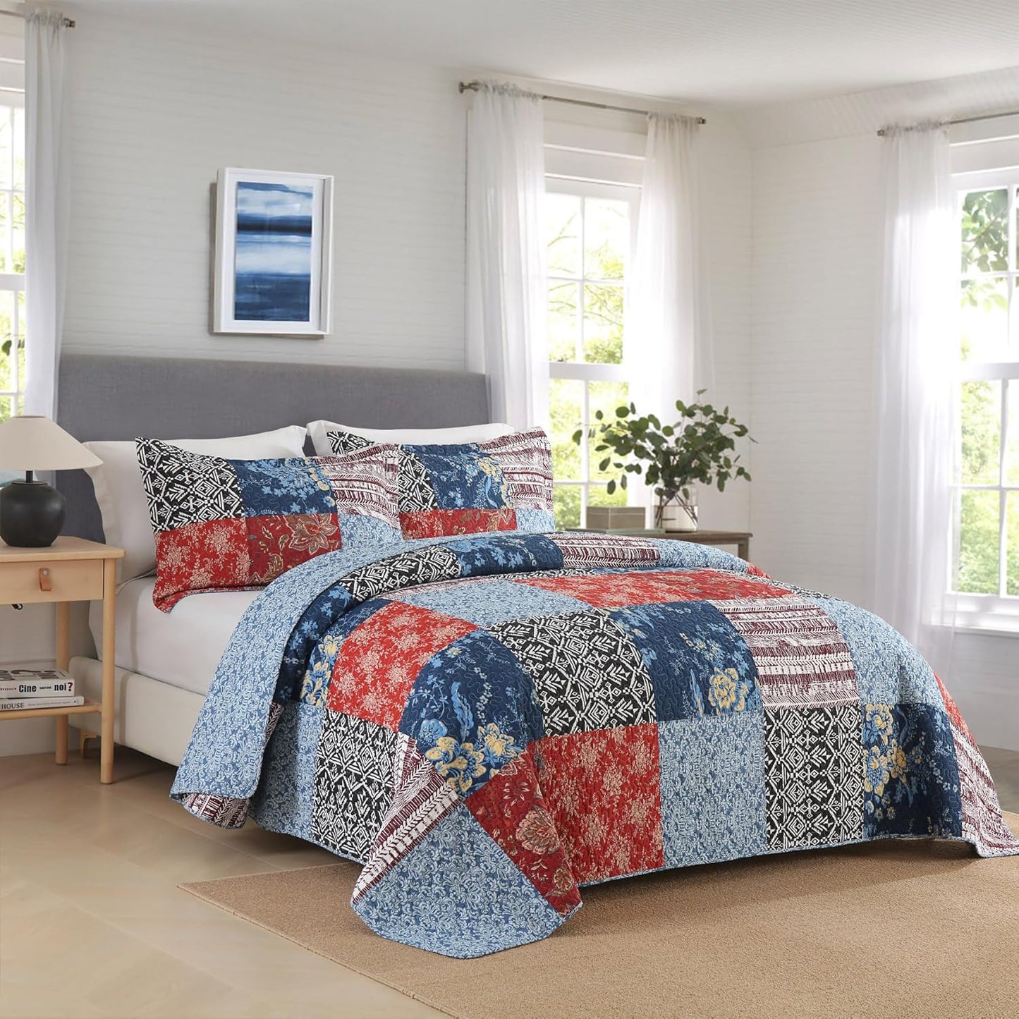 Secgo California King Comforter Set for Bed - 100% Cotton Quilts Cal King Size, Black Bedspreads (120 * 110 Inch) with 2 Pillow Shams, Patchwork Reversible Lightweight Bedding