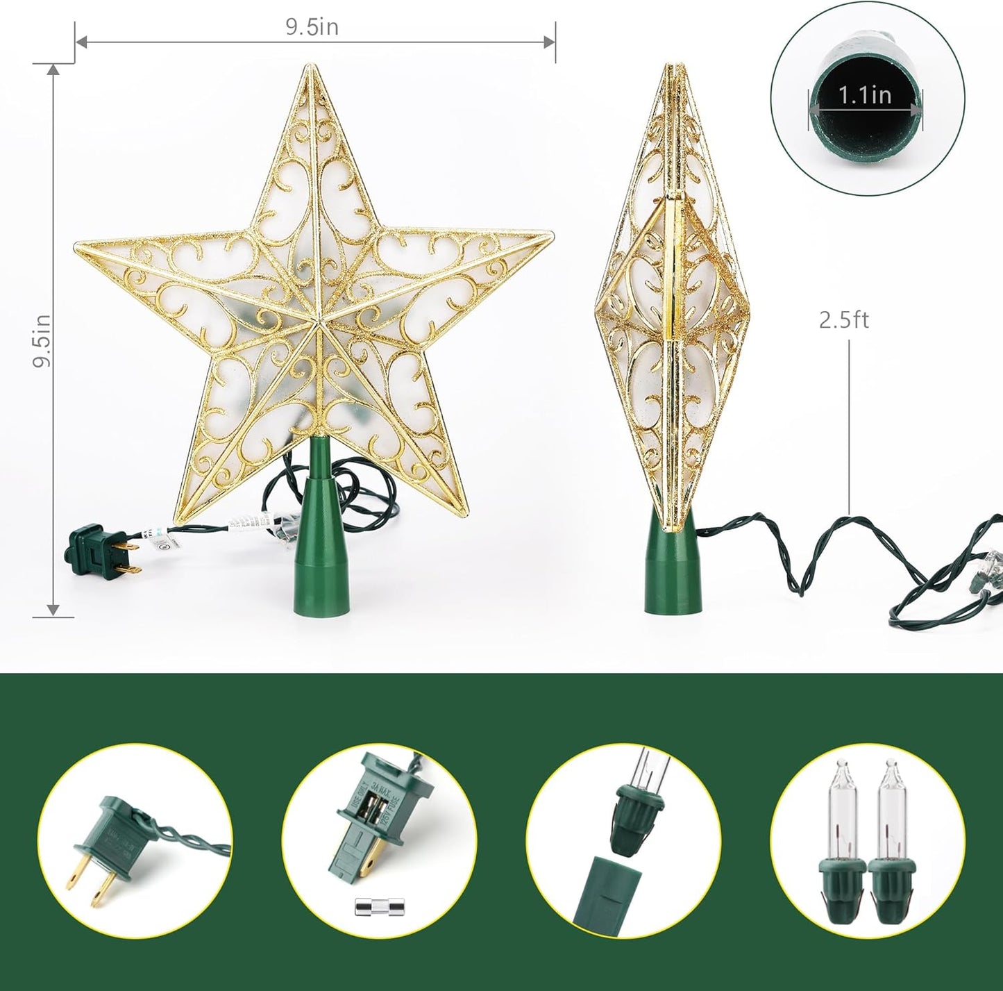 ODEETRONIC Christmas Star Tree Topper Lights, 9.5in UL Certified 3D Star Tree Topper, Double Sided Christmas Tree-top with 10 Count Incandescent Warm White Lights for Xmas Tree Home Decor, Gold