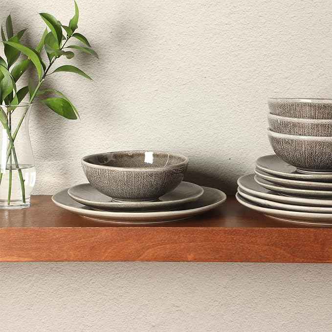 Gibson Elite Sandy Pines Stoneware Plates and Bowls Set - 12 Piece Reactive Glaze Dinnerware Set - Service for 4 - Dishwasher and Microwave Safe - Brown