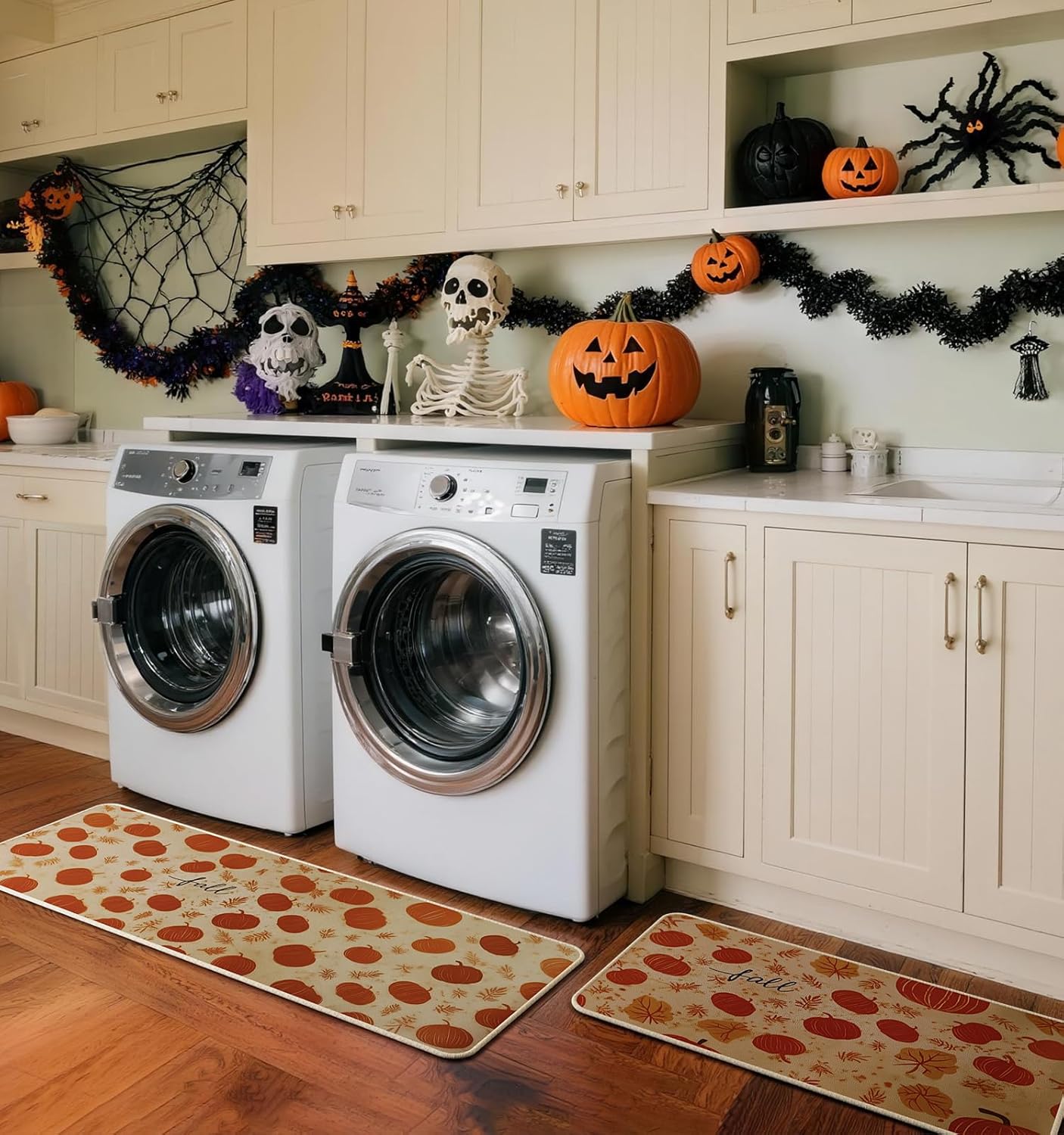 Halloween Kitchen Mat Set of 2, Pumpkin Kitchen Halloween Decor, Fall Decorations for Home, Halloween Rug for Floor,Indoor Home Decor with Non-Slip Backing,17 x 29 Inch & 17 x 47 Inch