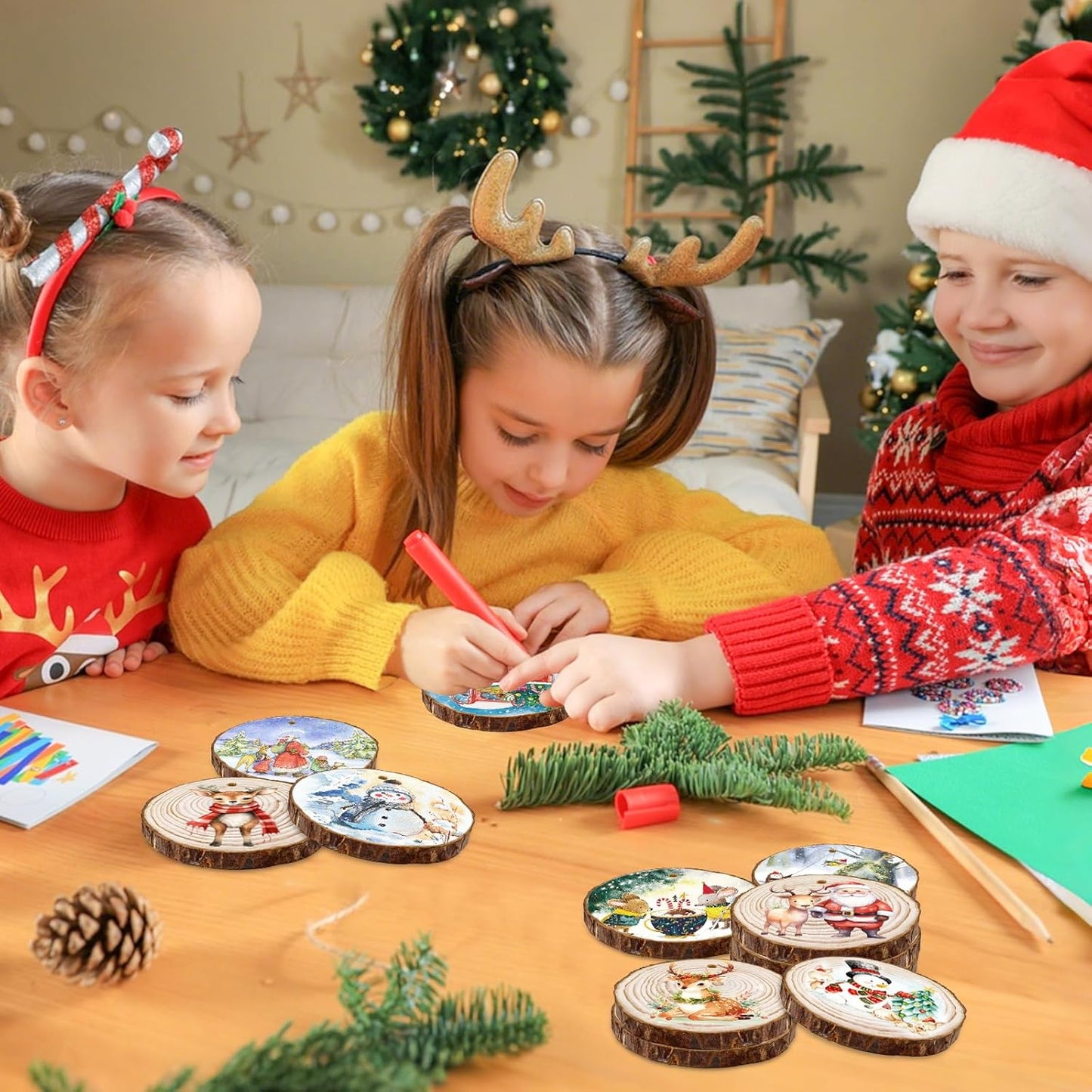 Natural Wood Slices Round Wooden Discs for Crafts 30 Pcs Unfinished Tree Bark Slices Wood Circles for Centerpieces Blank Wooden Christmas Ornaments with Hole for DIY Christmas Arts Painting Wedding