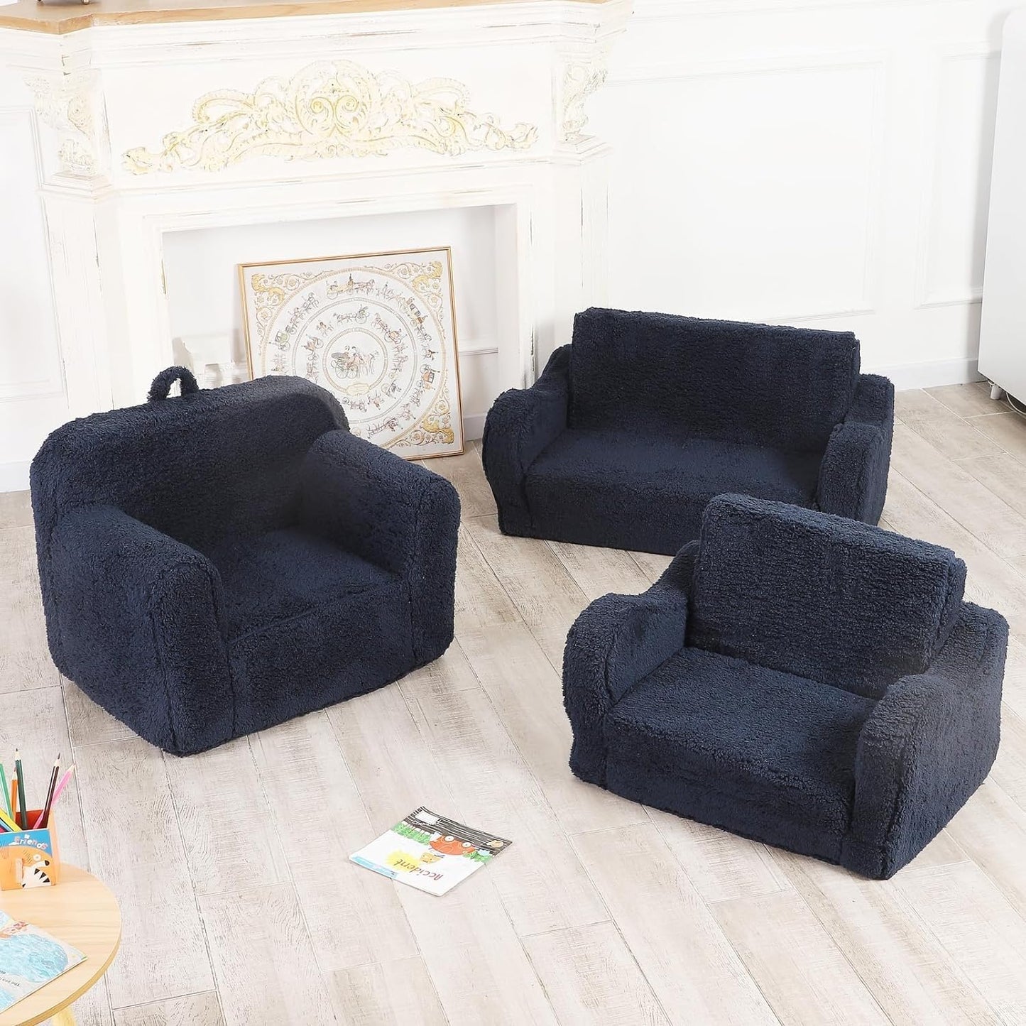 Kids Chairs for Toddler, 2-in-1 Toddler Soft Sherpa Couch Fold Out, Convertible Sofa to Lounger for Girls and Boys, Dark Blue