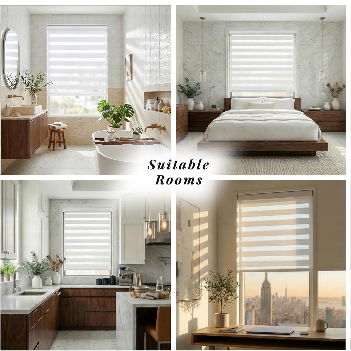 ShadesU Cordless Zebra Blinds – Light Filtering Dual-Layer Window Shades for Privacy (White Color) (Maximum Height 72") (Width 34")